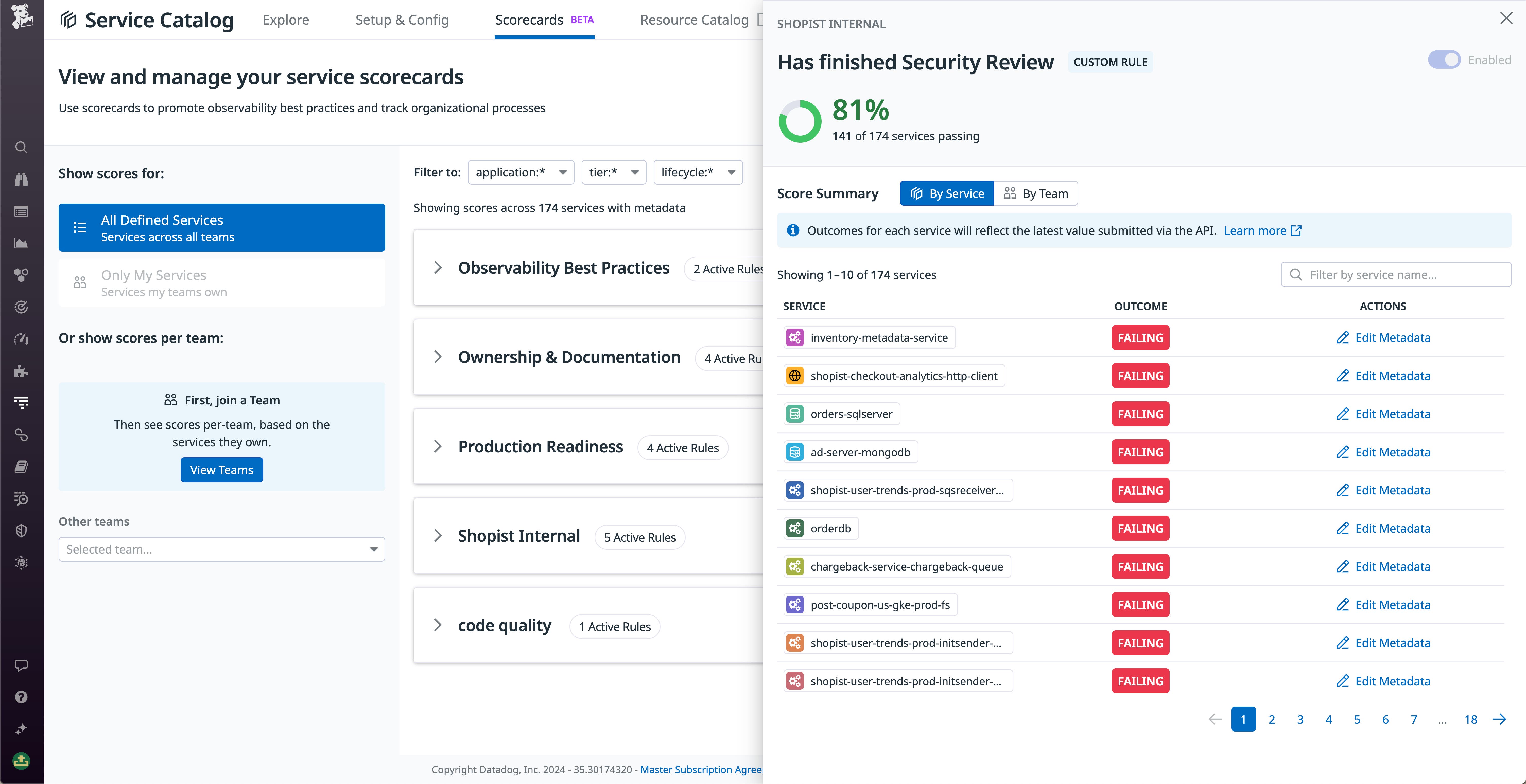 Shows Datadog Software Catalog's custom scorecards feature, with a scorecard to evaluate a service's security posture. Shows Datadog Software Catalog's custom scorecards feature, with a scorecard to evaluate a service's security posture.
