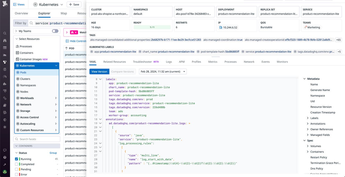 Shows a Kubernetes service populated from Datadog's Containers product and linked to live pod telemetry. Shows a Kubernetes service populated from Datadog's Containers product and linked to live pod telemetry.