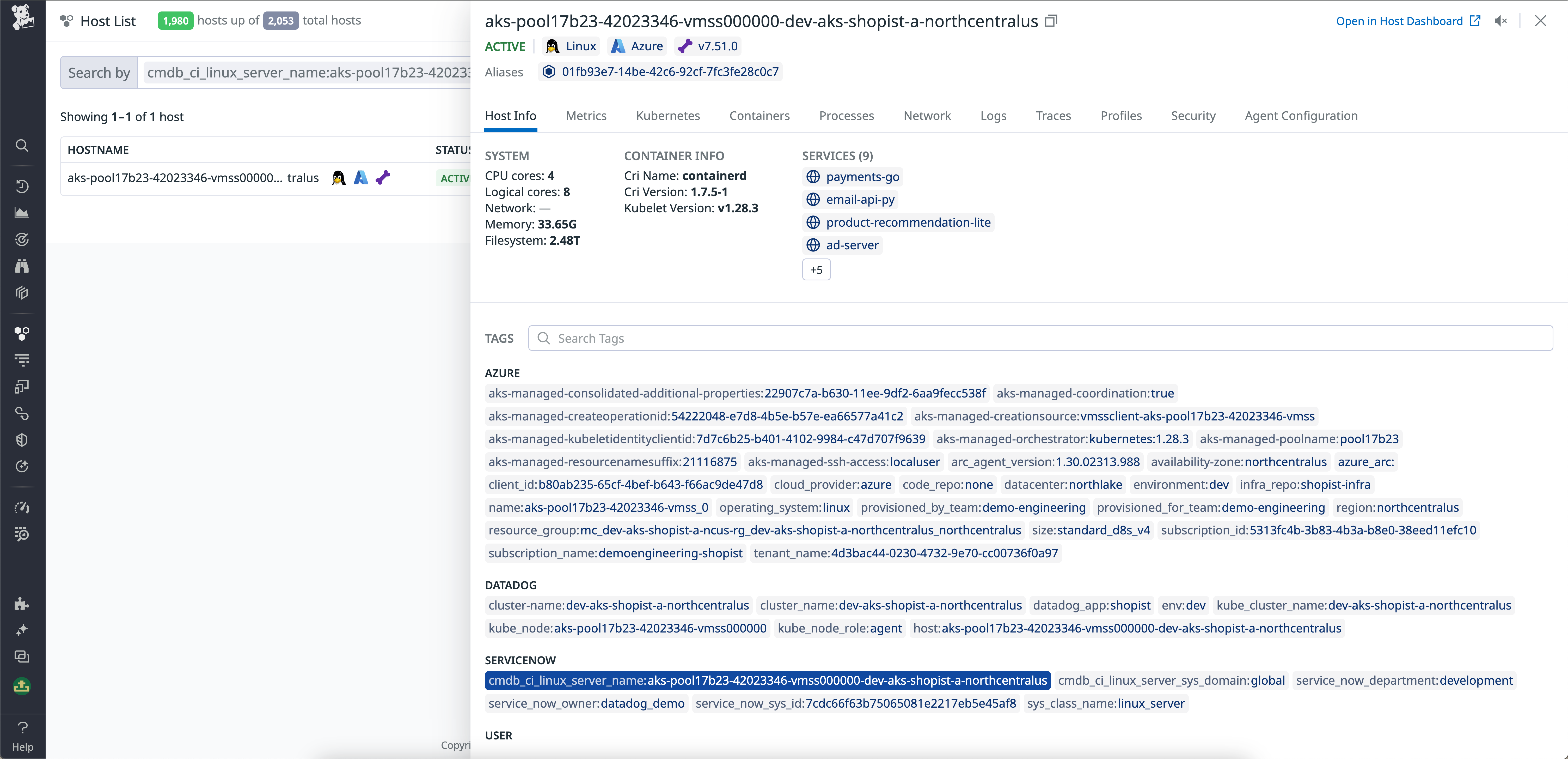 ServiceNow host tagging in Datadog Infrastructure Monitoring