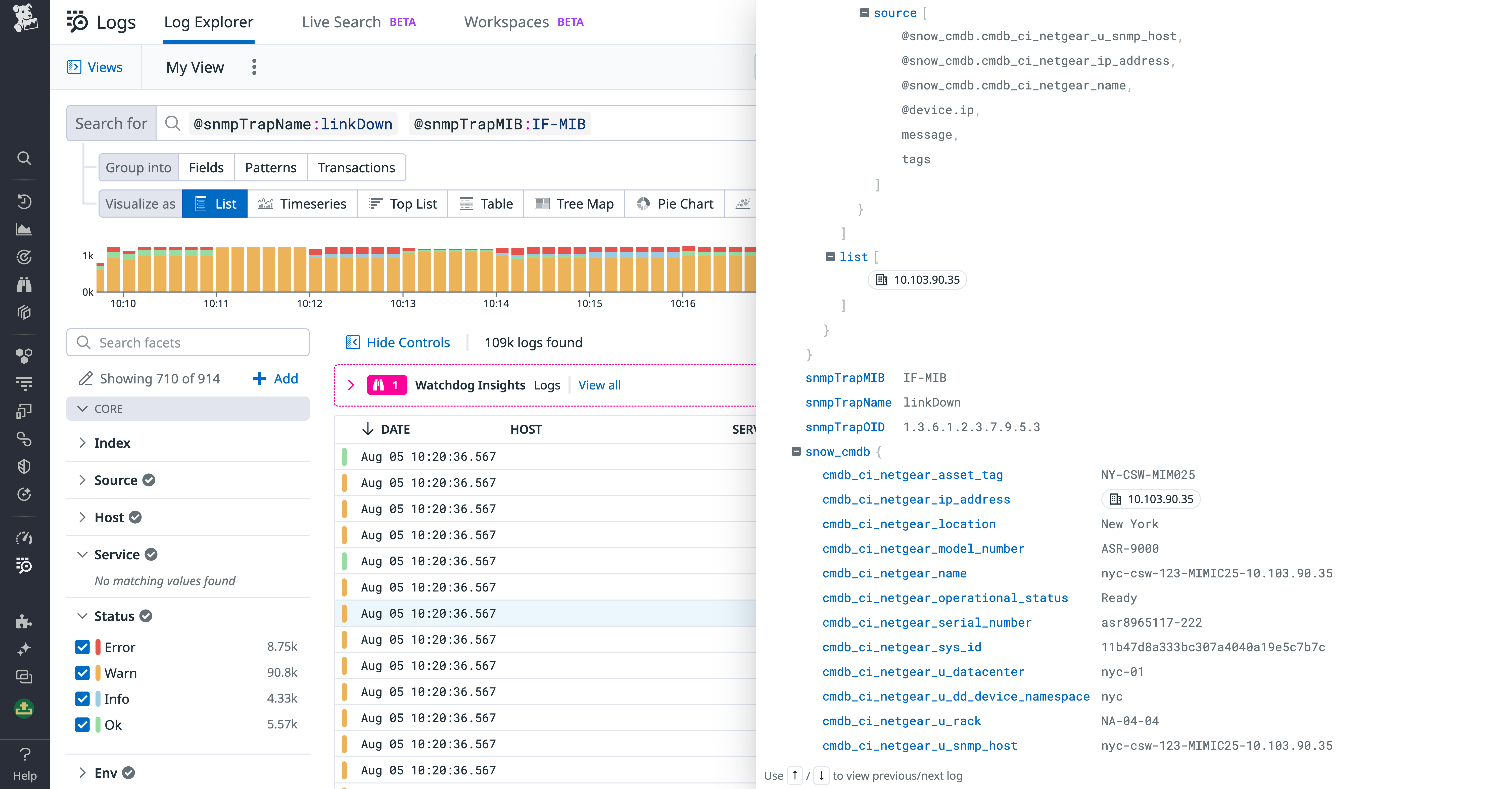 Reference table mapped values in a network device log