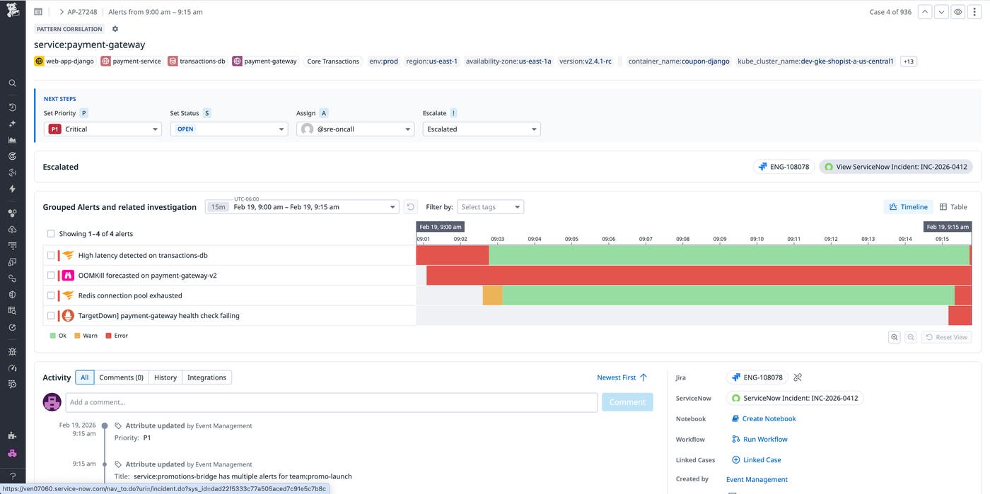 Datadog Event Management uses AI to detect and group related alerts into a case, helping you understand how a failure is propagating across your system. With Datadog's ServiceNow integration, a ServiceNow record is automatically created and linked as soon as a case is created. Datadog Event Management uses AI to detect and group related alerts into a case, helping you understand how a failure is propagating across your system. With Datadog's ServiceNow integration, a ServiceNow record is automatically created and linked as soon as a case is created.