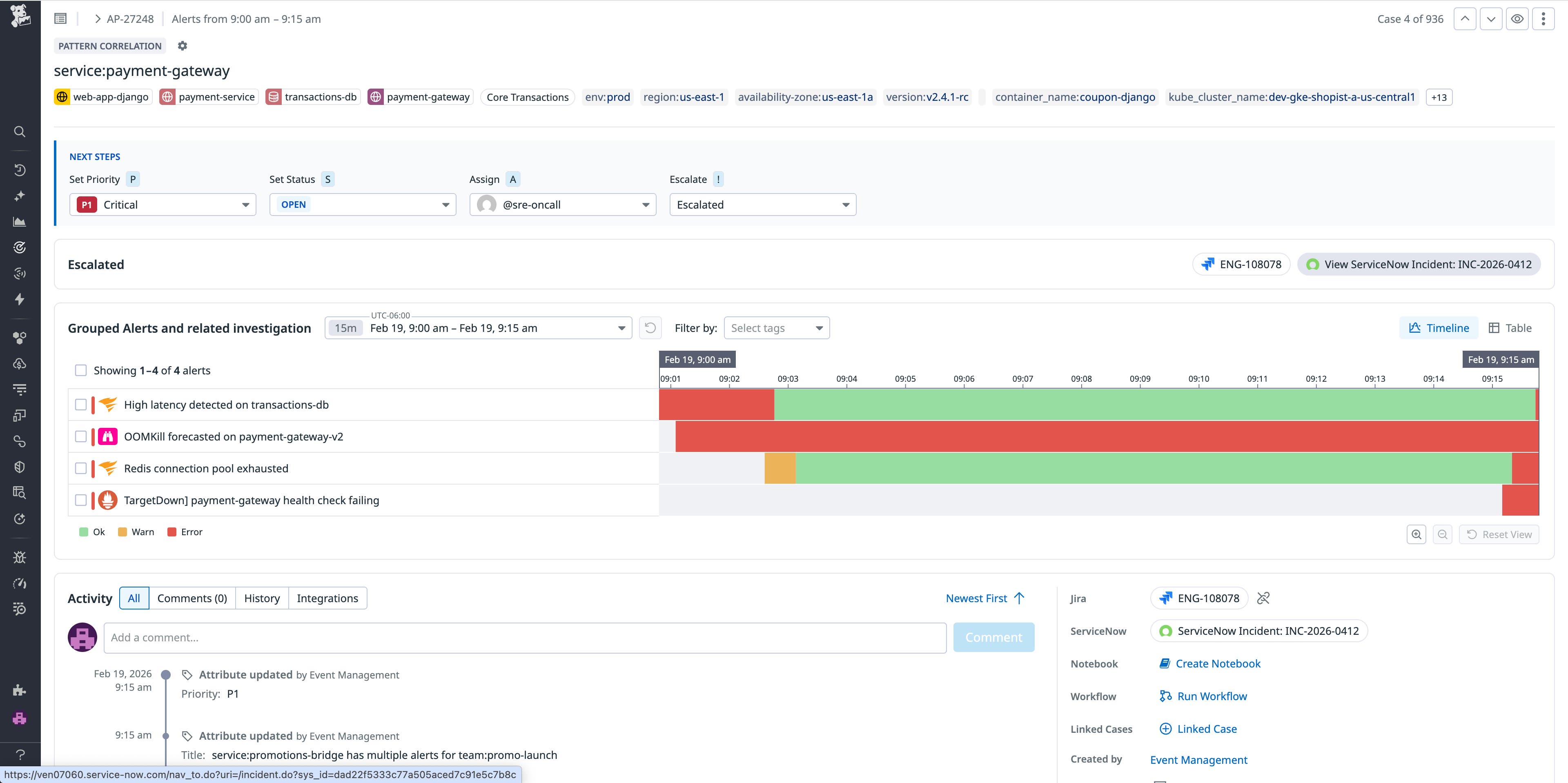 Datadog Event Management uses AI to detect and group related alerts into a case, helping you understand how a failure is propagating across your system. With Datadog's ServiceNow integration, a ServiceNow record is automatically created and linked as soon as a case is created. Datadog Event Management uses AI to detect and group related alerts into a case, helping you understand how a failure is propagating across your system. With Datadog's ServiceNow integration, a ServiceNow record is automatically created and linked as soon as a case is created.