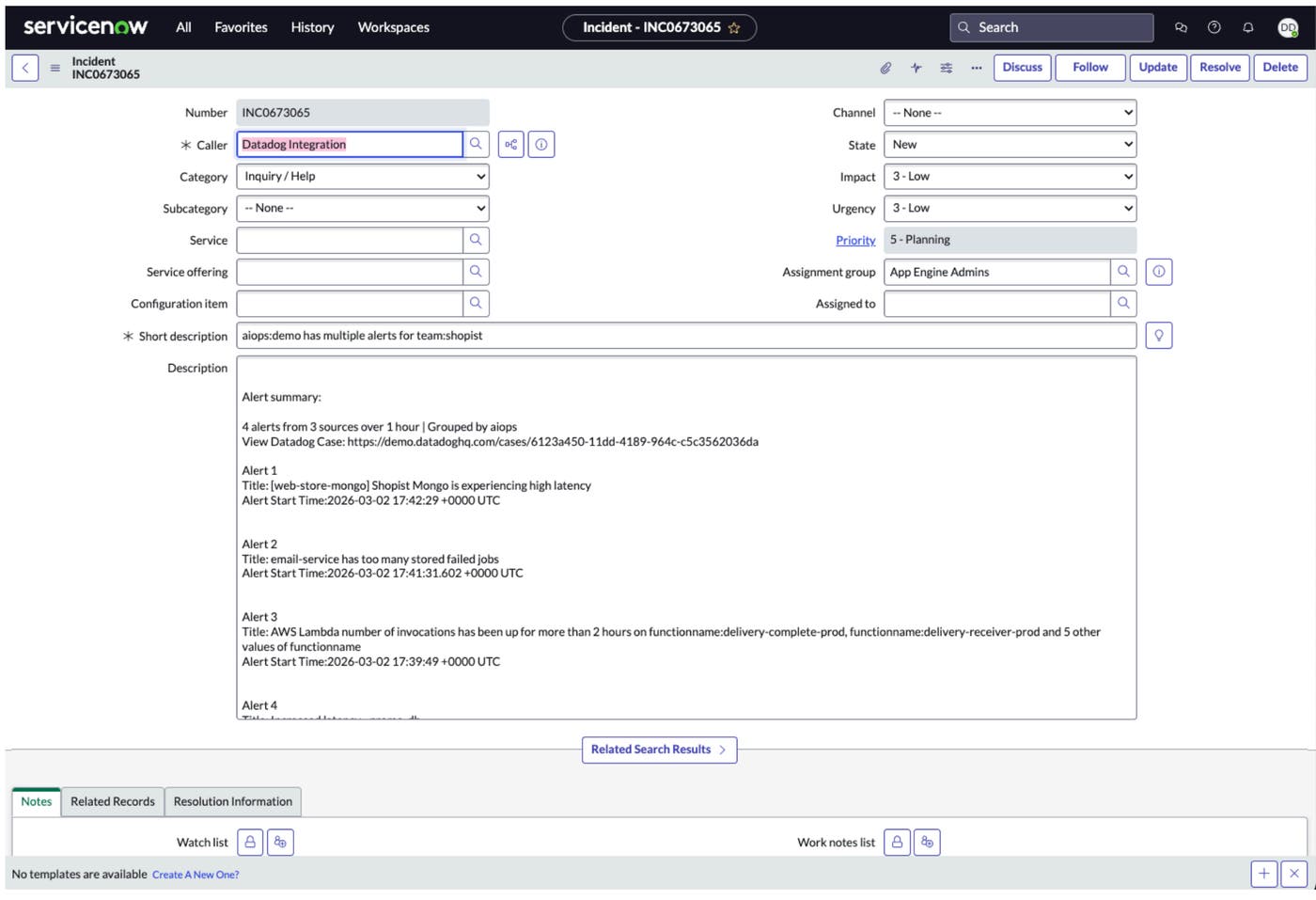 Once a case is created or an incident declared, Datadog will automatically generate a corresponding ServiceNow record. Because Datadog's integration with ServiceNow syncs bidirectionally, support teams and stakeholders can track updates in real time without interrupting engineers. Once a case is created or an incident declared, Datadog will automatically generate a corresponding ServiceNow record. Because Datadog's integration with ServiceNow syncs bidirectionally, support teams and stakeholders can track updates in real time without interrupting engineers.
