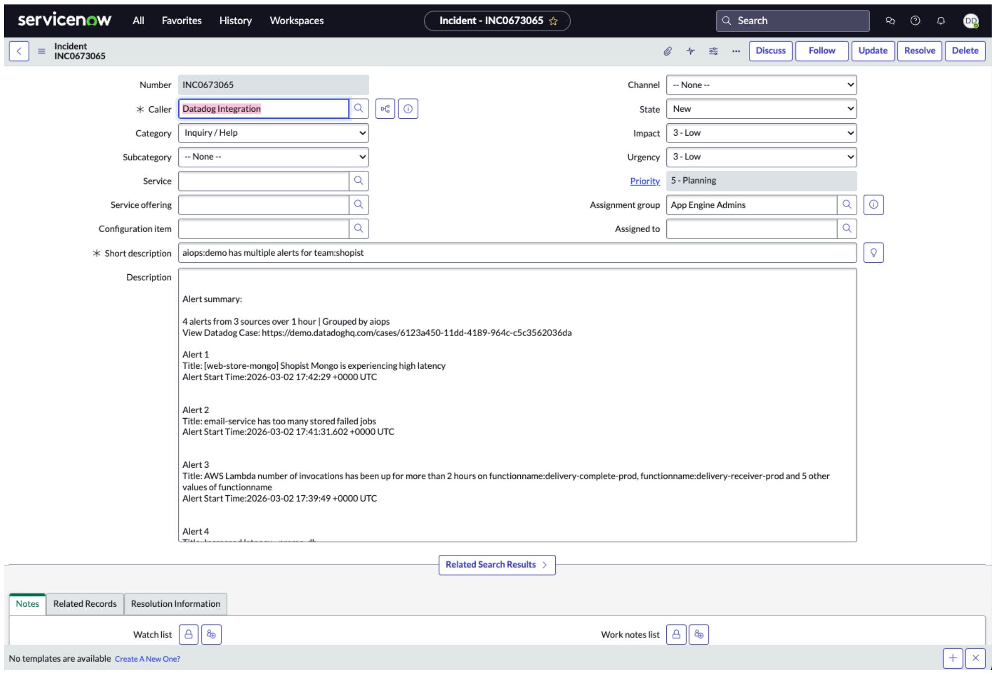 Once a case is created or an incident declared, Datadog will automatically generate a corresponding ServiceNow record. Because Datadog's integration with ServiceNow syncs bidirectionally, support teams and stakeholders can track updates in real time without interrupting engineers. Once a case is created or an incident declared, Datadog will automatically generate a corresponding ServiceNow record. Because Datadog's integration with ServiceNow syncs bidirectionally, support teams and stakeholders can track updates in real time without interrupting engineers.