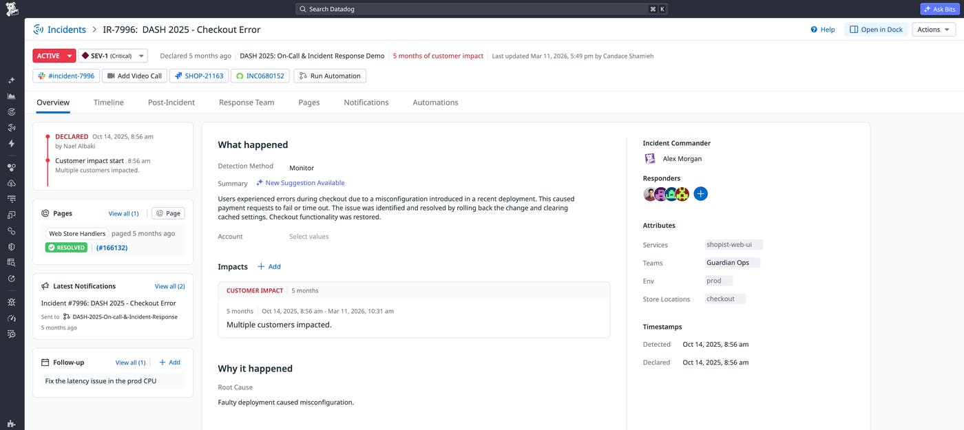 A Datadog incident that includes links to the dedicated Slack channel, corresponding ServiceNow record, and a related Jira issue. A Datadog incident that includes links to the dedicated Slack channel, corresponding ServiceNow record, and a related Jira issue.