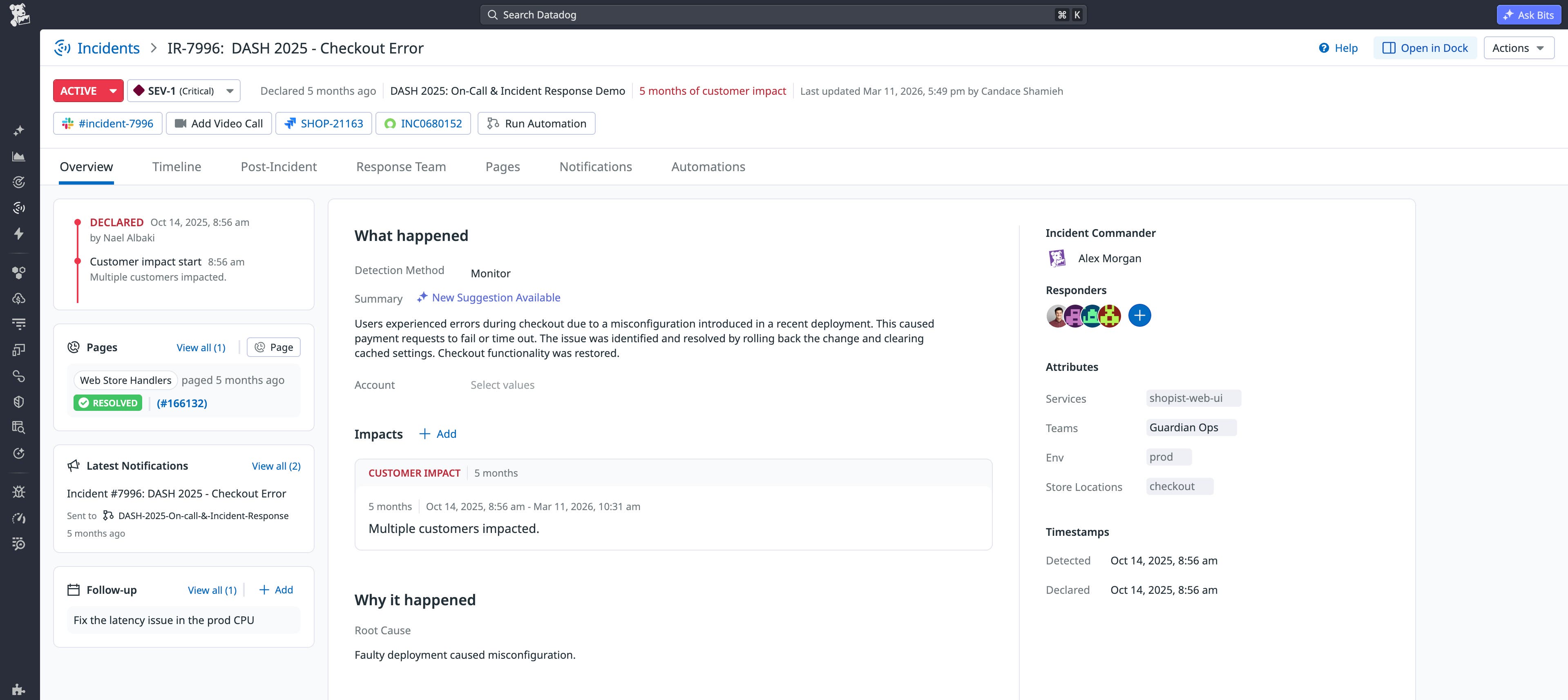 A Datadog incident that includes links to the dedicated Slack channel, corresponding ServiceNow record, and a related Jira issue. A Datadog incident that includes links to the dedicated Slack channel, corresponding ServiceNow record, and a related Jira issue.