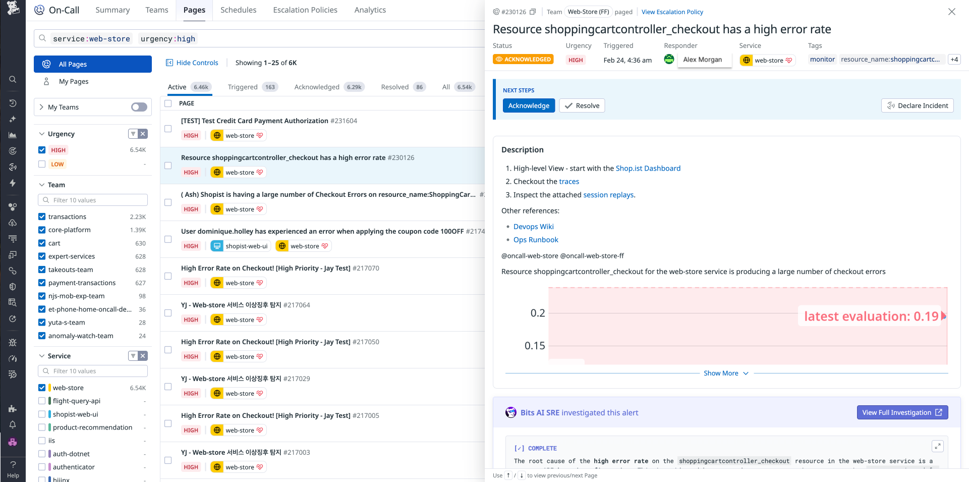 Datadog On-Call pages include pertinent information, including the service affected, runbooks, and relevant telemetry data, like logs, traces, or session replays. Bits AI SRE can automatically investigate the issue, report findings, and identify potential root causes.