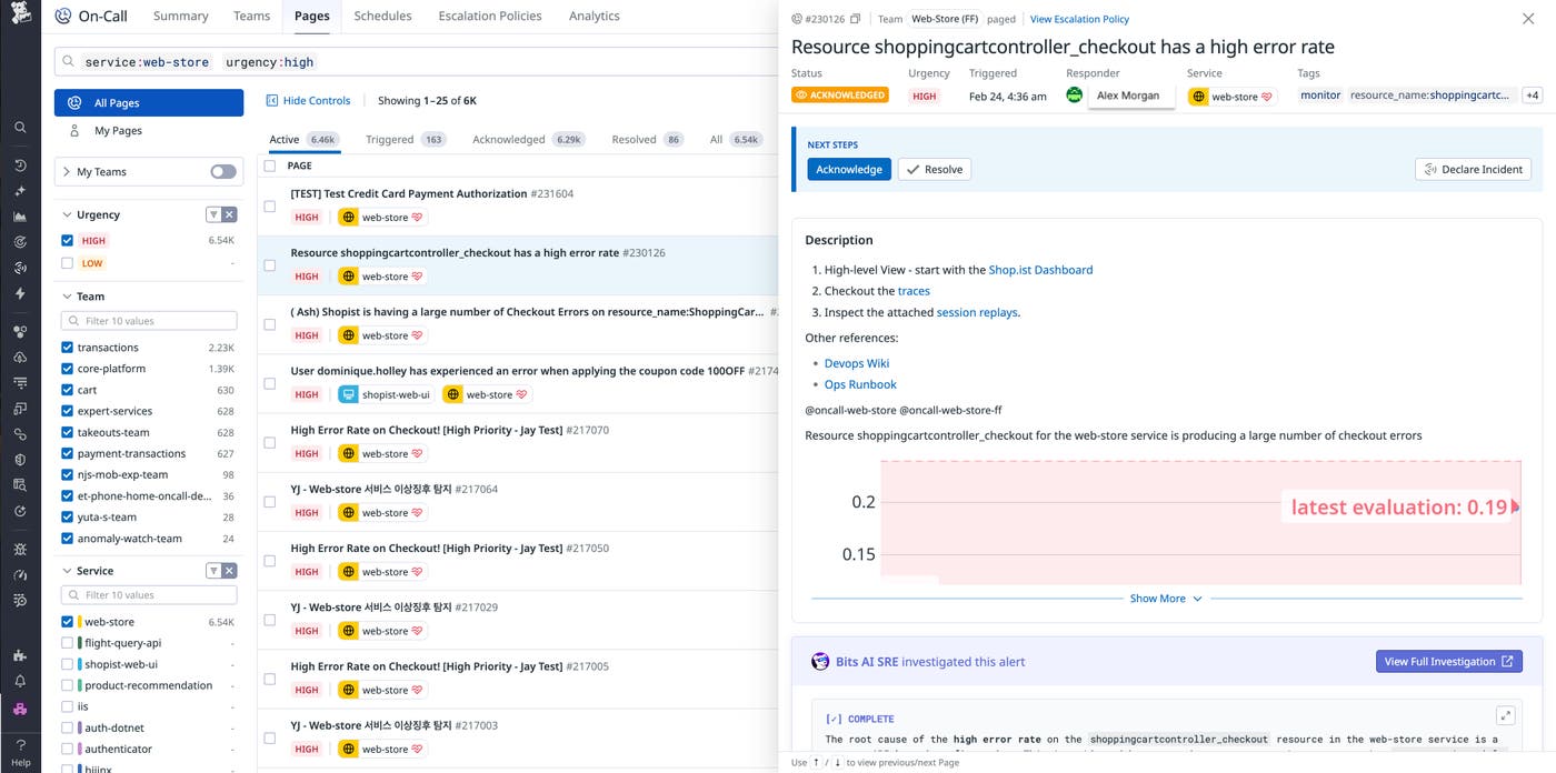 Datadog On-Call pages include pertinent information, including the service affected, runbooks, and relevant telemetry data, like logs, traces, or session replays. Bits AI SRE can automatically investigate the issue, report findings, and identify potential root causes. Datadog On-Call pages include pertinent information, including the service affected, runbooks, and relevant telemetry data, like logs, traces, or session replays. Bits AI SRE can automatically investigate the issue, report findings, and identify potential root causes.