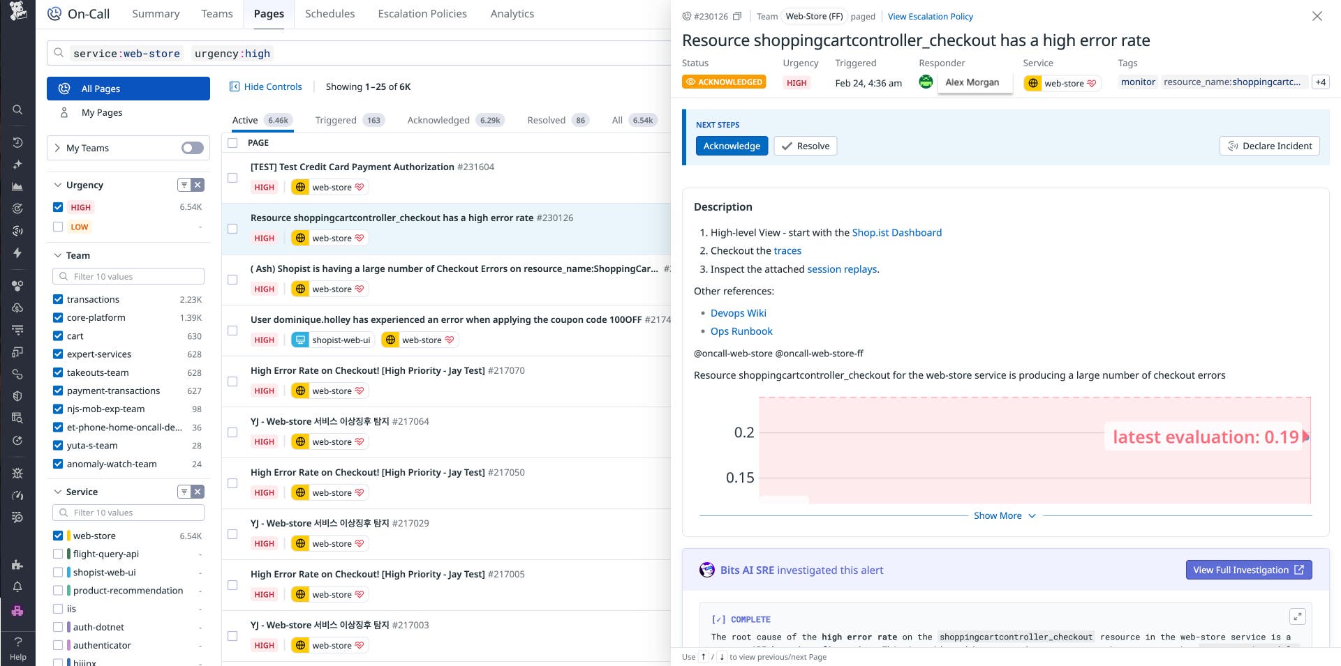 Datadog On-Call pages include pertinent information, including the service affected, runbooks, and relevant telemetry data, like logs, traces, or session replays. Bits AI SRE can automatically investigate the issue, report findings, and identify potential root causes. Datadog On-Call pages include pertinent information, including the service affected, runbooks, and relevant telemetry data, like logs, traces, or session replays. Bits AI SRE can automatically investigate the issue, report findings, and identify potential root causes.