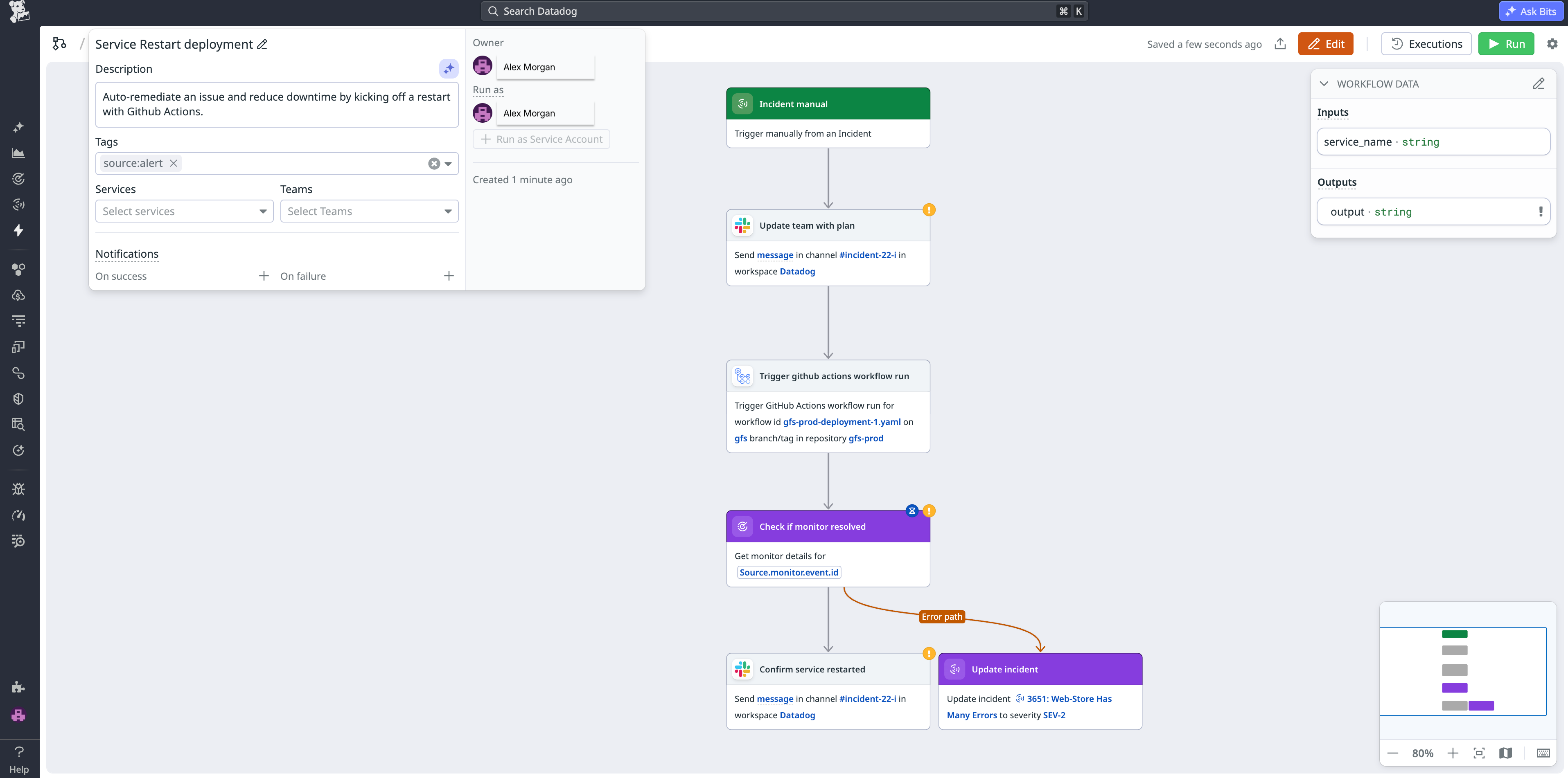 Datadog Workflow Automation enables you to create workflows that perform remediation steps based on your defined criteria. In this workflow, GitHub Actions restarts a service to auto-remediate an issue and reduce downtime. Workflow Automation notifies the team via Slack and auto-updates the incident severity.