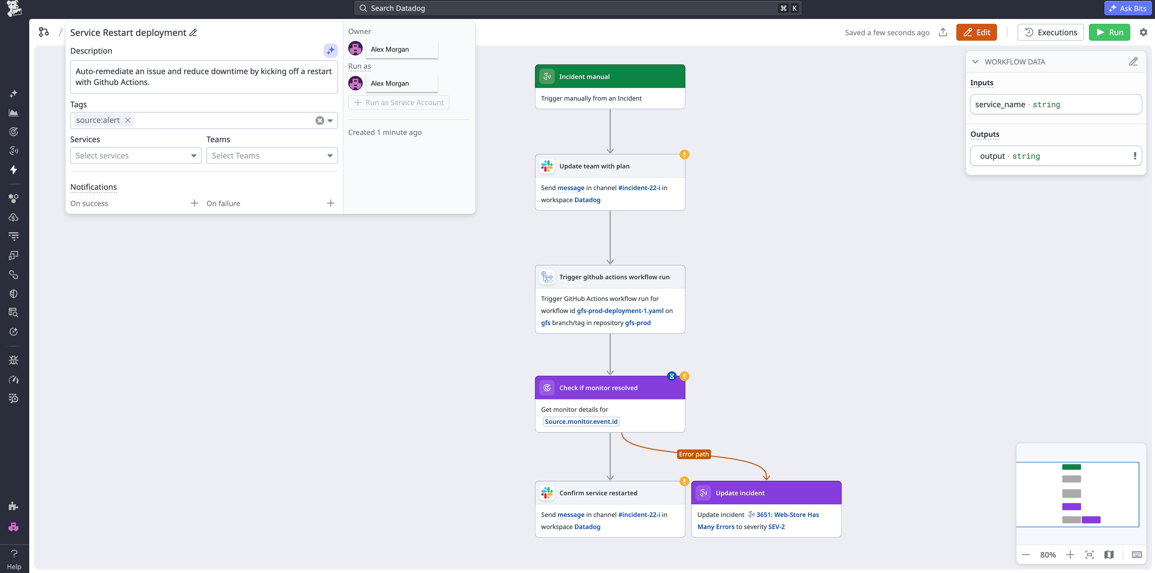 Datadog Workflow Automation enables you to create workflows that perform remediation steps based on your defined criteria. In this workflow, GitHub Actions restarts a service to auto-remediate an issue and reduce downtime. Workflow Automation notifies the team via Slack and auto-updates the incident severity. Datadog Workflow Automation enables you to create workflows that perform remediation steps based on your defined criteria. In this workflow, GitHub Actions restarts a service to auto-remediate an issue and reduce downtime. Workflow Automation notifies the team via Slack and auto-updates the incident severity.