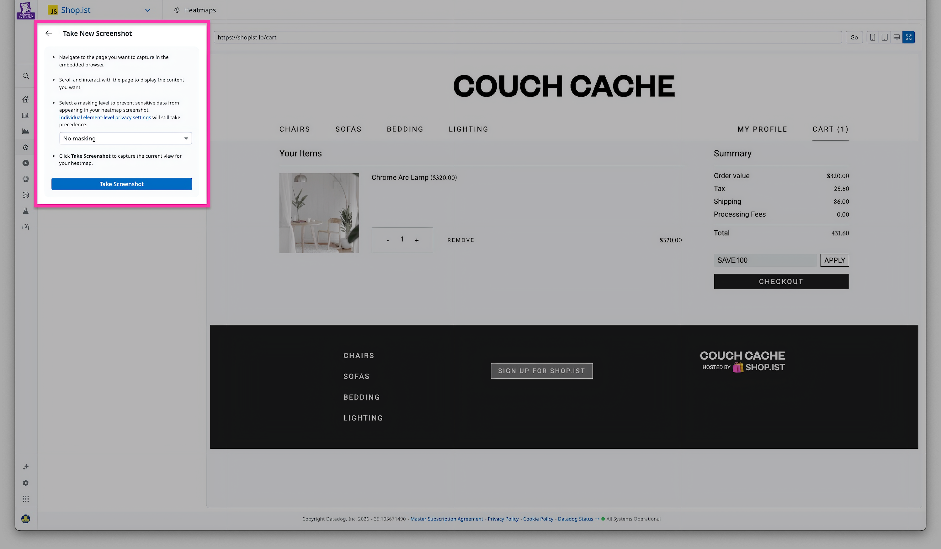 The Session Replay screenshot capture panel open over a live ecommerce site.