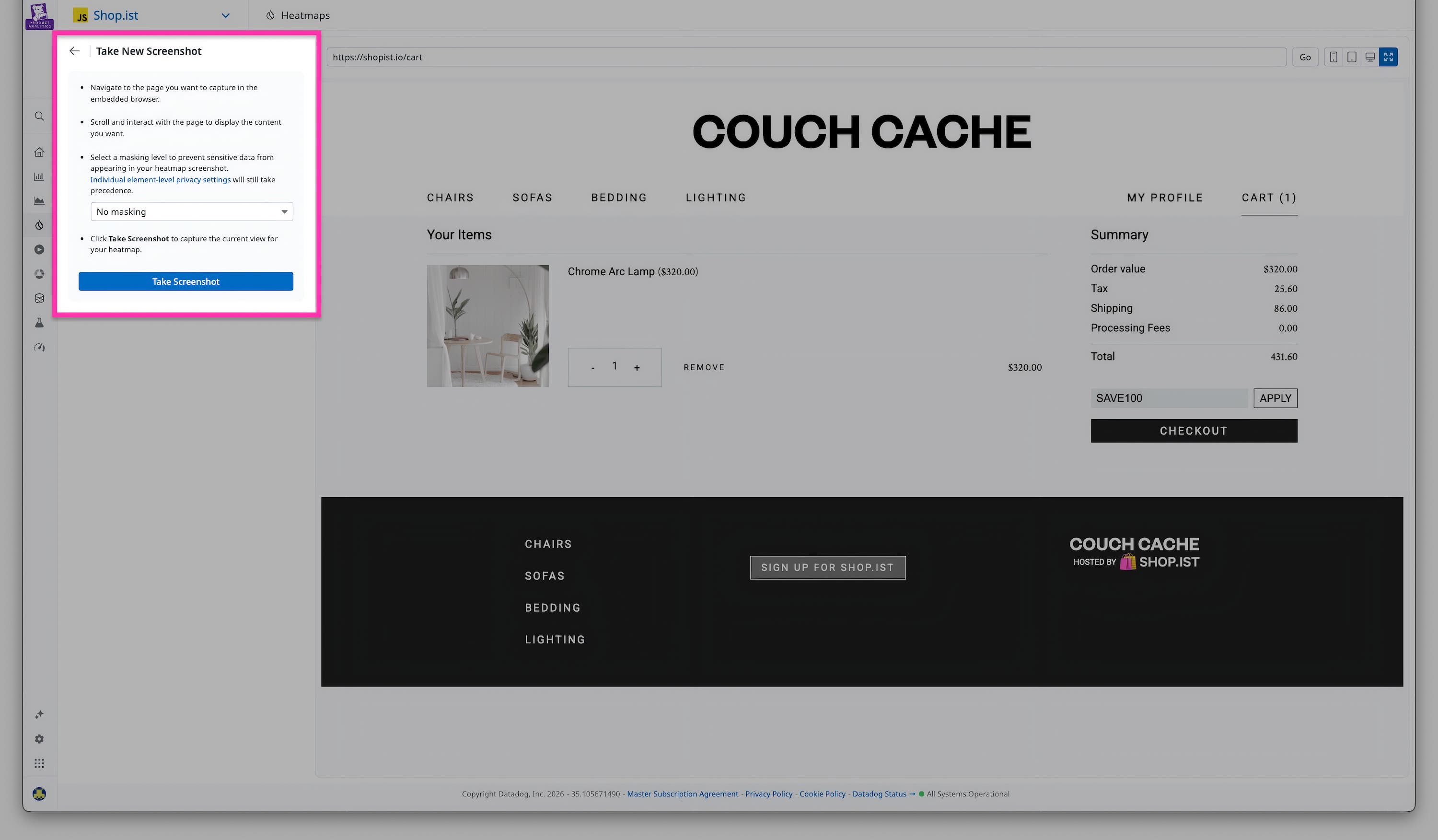 The Session Replay screenshot capture panel open over a live ecommerce site. The Session Replay screenshot capture panel open over a live ecommerce site.