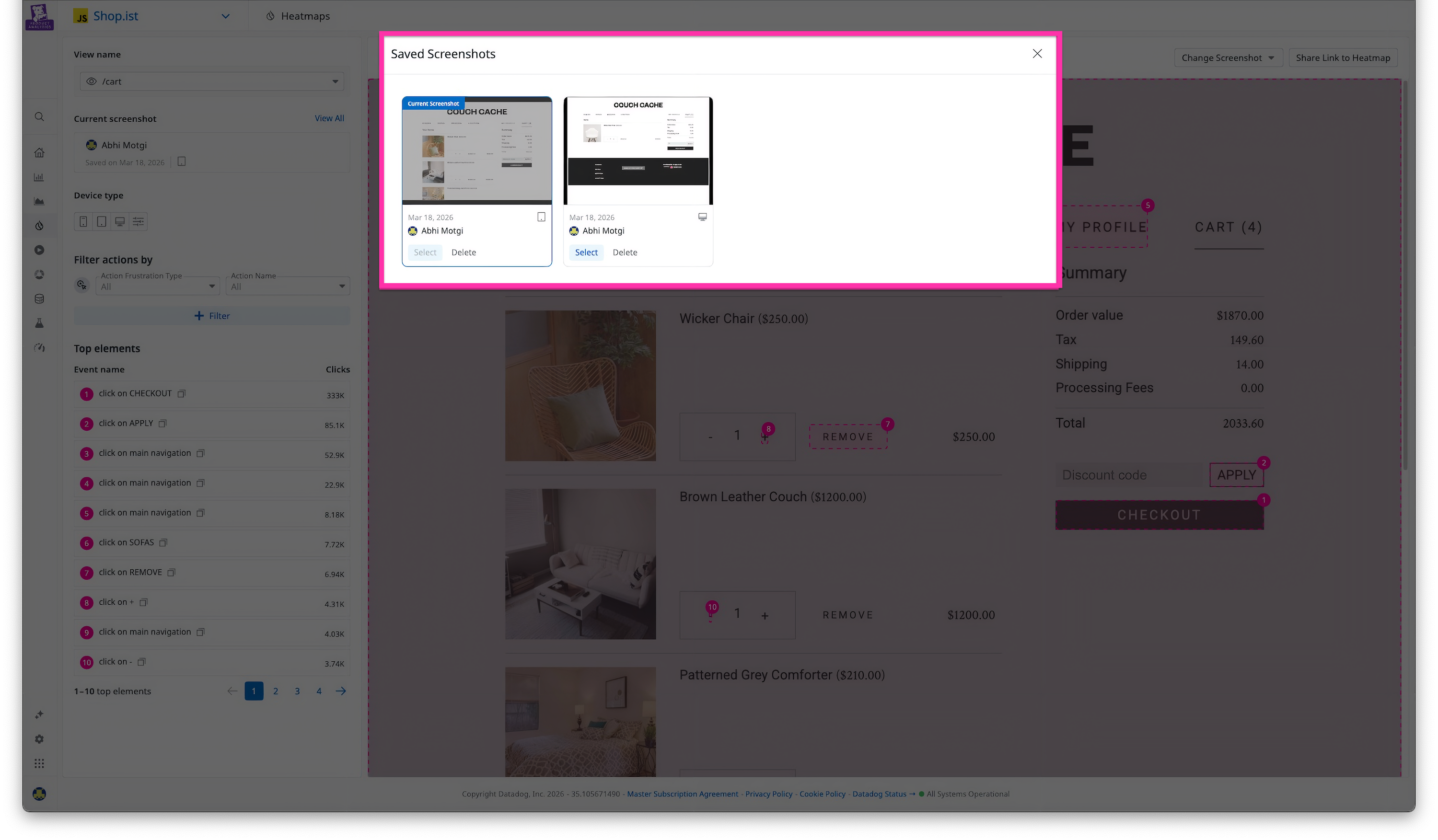 The Saved Screenshots panel showing two saved heatmap backgrounds with metadata.