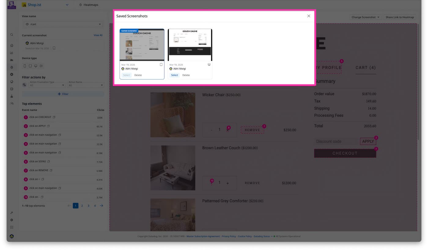 The Saved Screenshots panel showing two saved heatmap backgrounds with metadata. The Saved Screenshots panel showing two saved heatmap backgrounds with metadata.