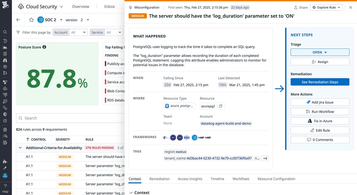Evaluate your organization's compliance posture against various industry benchmarks and frameworks directly in the Cloud Security's compliance page. Evaluate your organization's compliance posture against various industry benchmarks and frameworks directly in the Cloud Security's compliance page.
