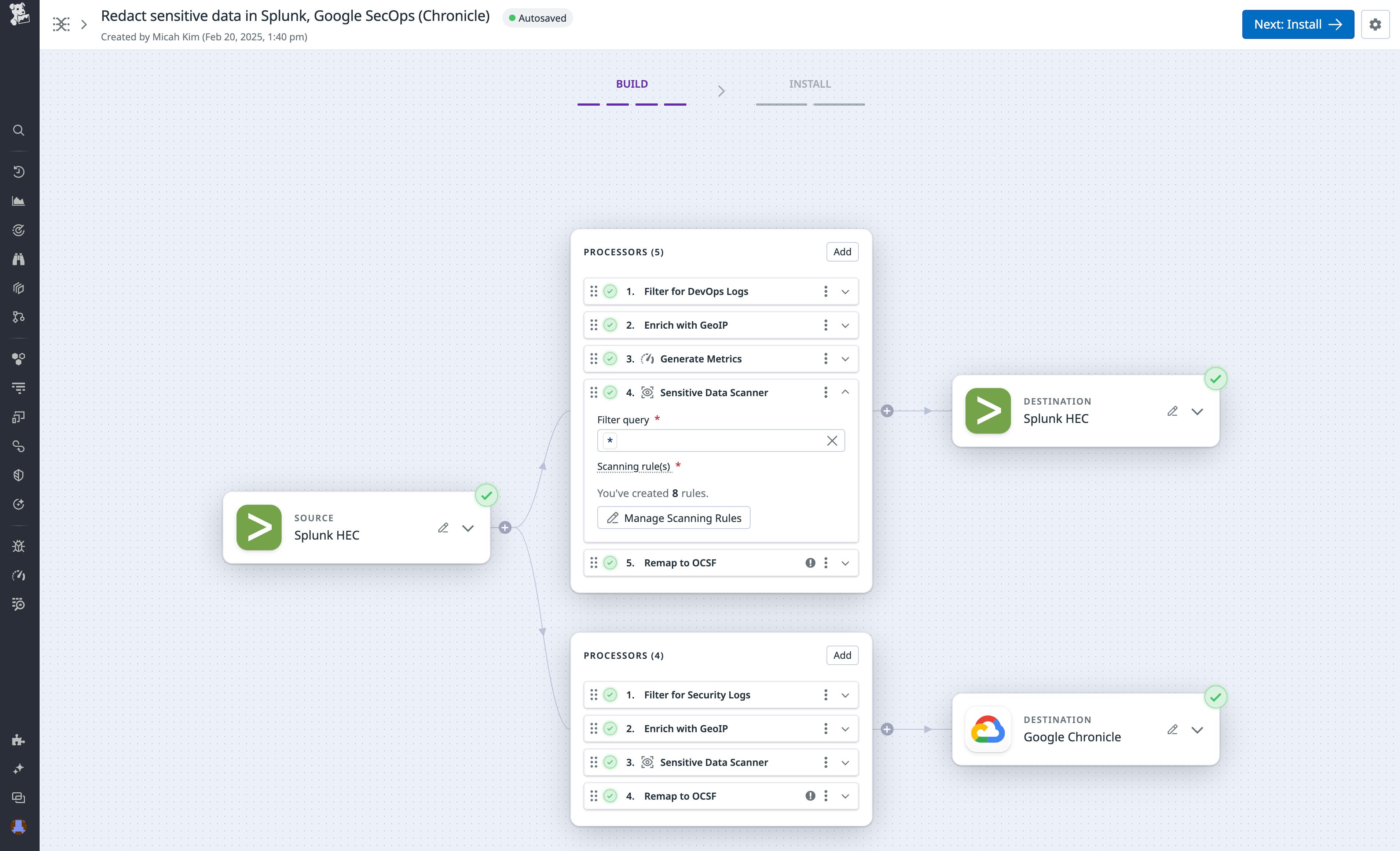 Redact sensitive data traveling from various log sources and preferred destinations using Observability Pipeline's Sensitive Data Scanner processor. Redact sensitive data traveling from various log sources and preferred destinations using Observability Pipeline's Sensitive Data Scanner processor.