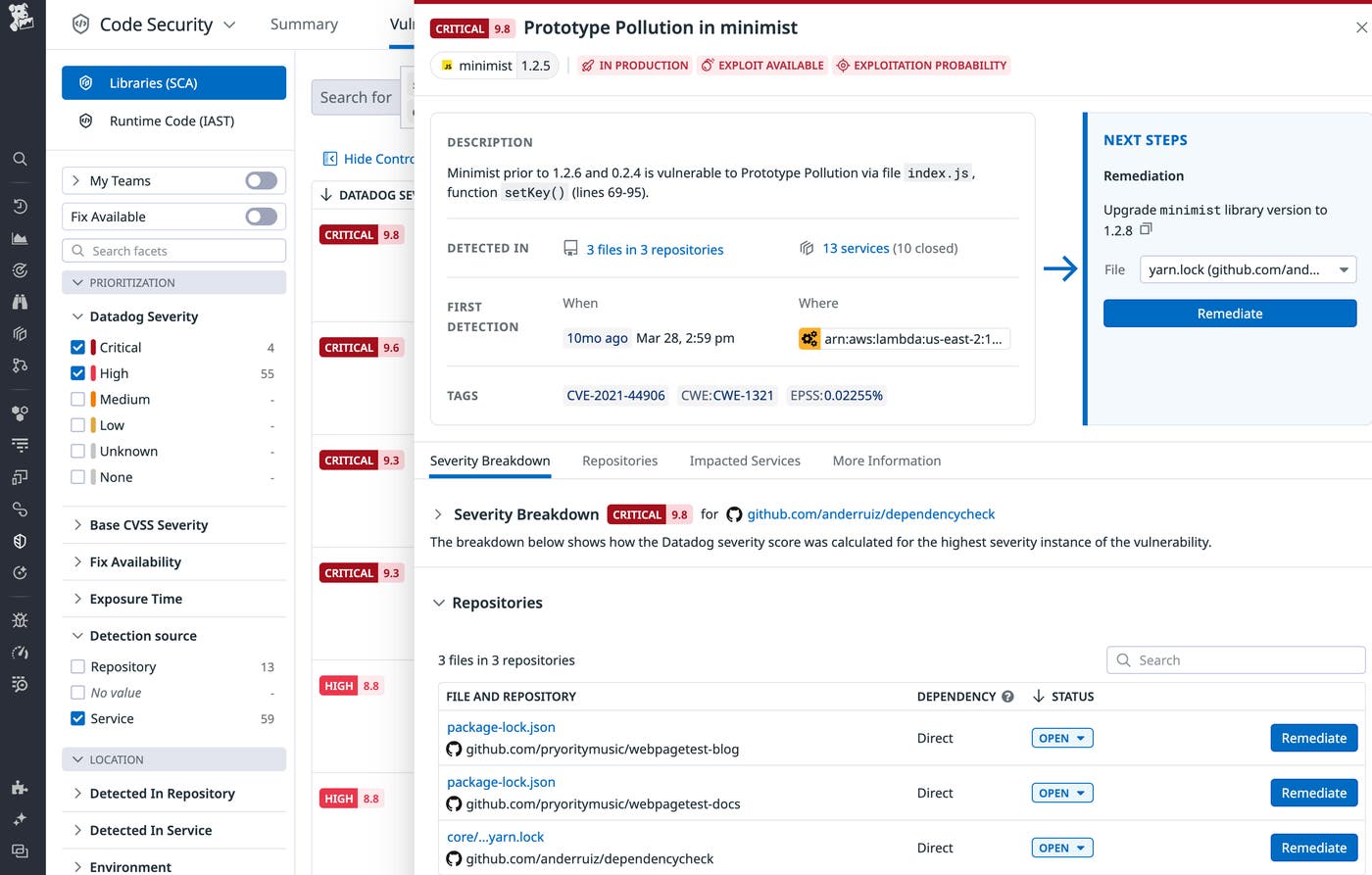 Quickly patch vulnerabilities by following Datadog's recommended remediation steps. Quickly patch vulnerabilities by following Datadog's recommended remediation steps.