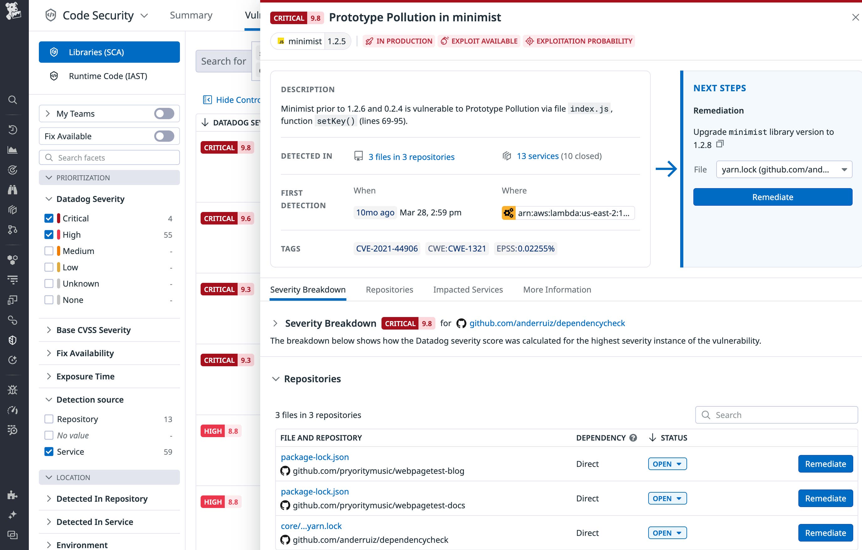 Quickly patch vulnerabilities by following Datadog's recommended remediation steps. Quickly patch vulnerabilities by following Datadog's recommended remediation steps.