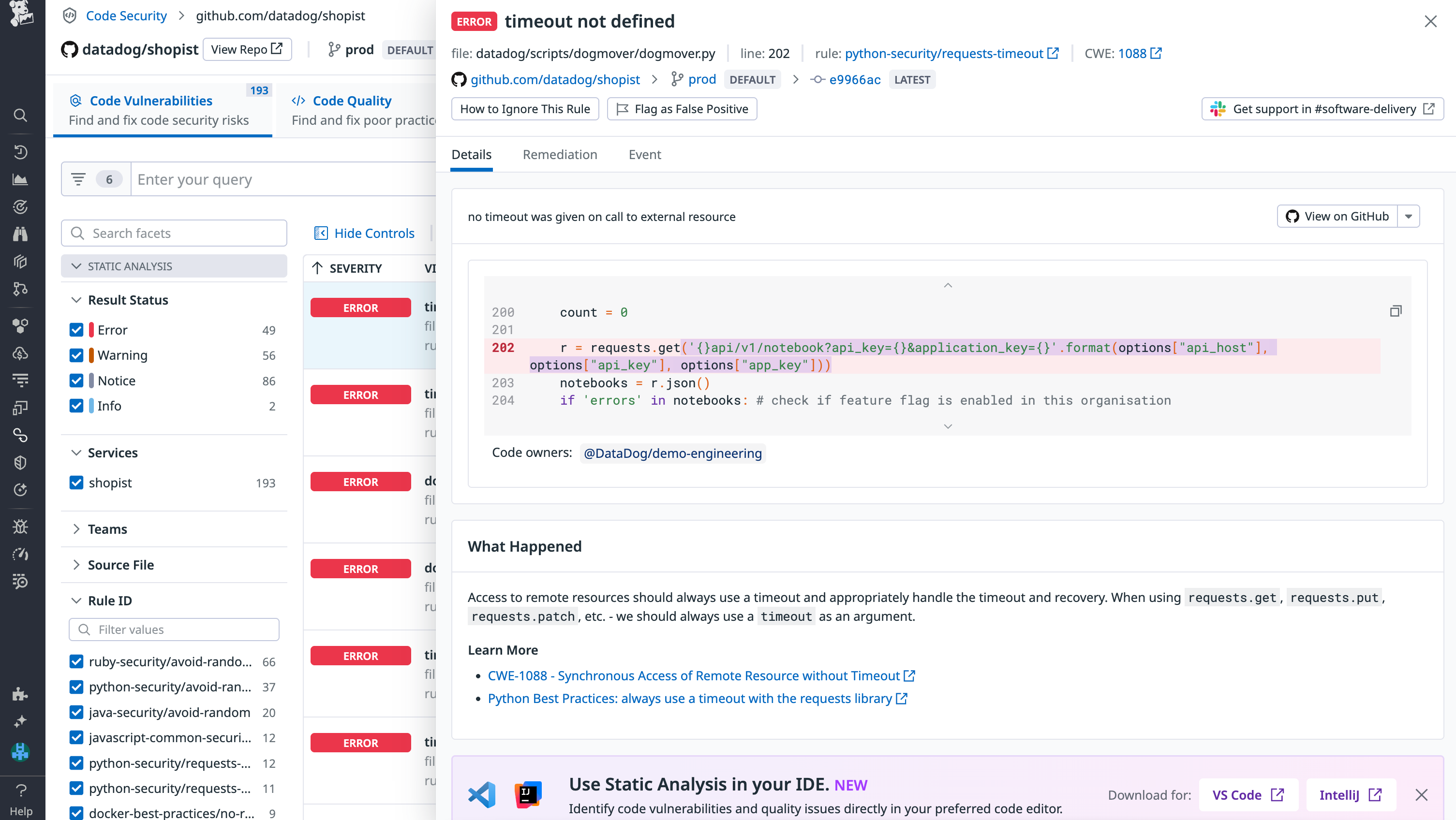 Quickly patch vulnerabilities by following Datadog's recommended remediation steps.