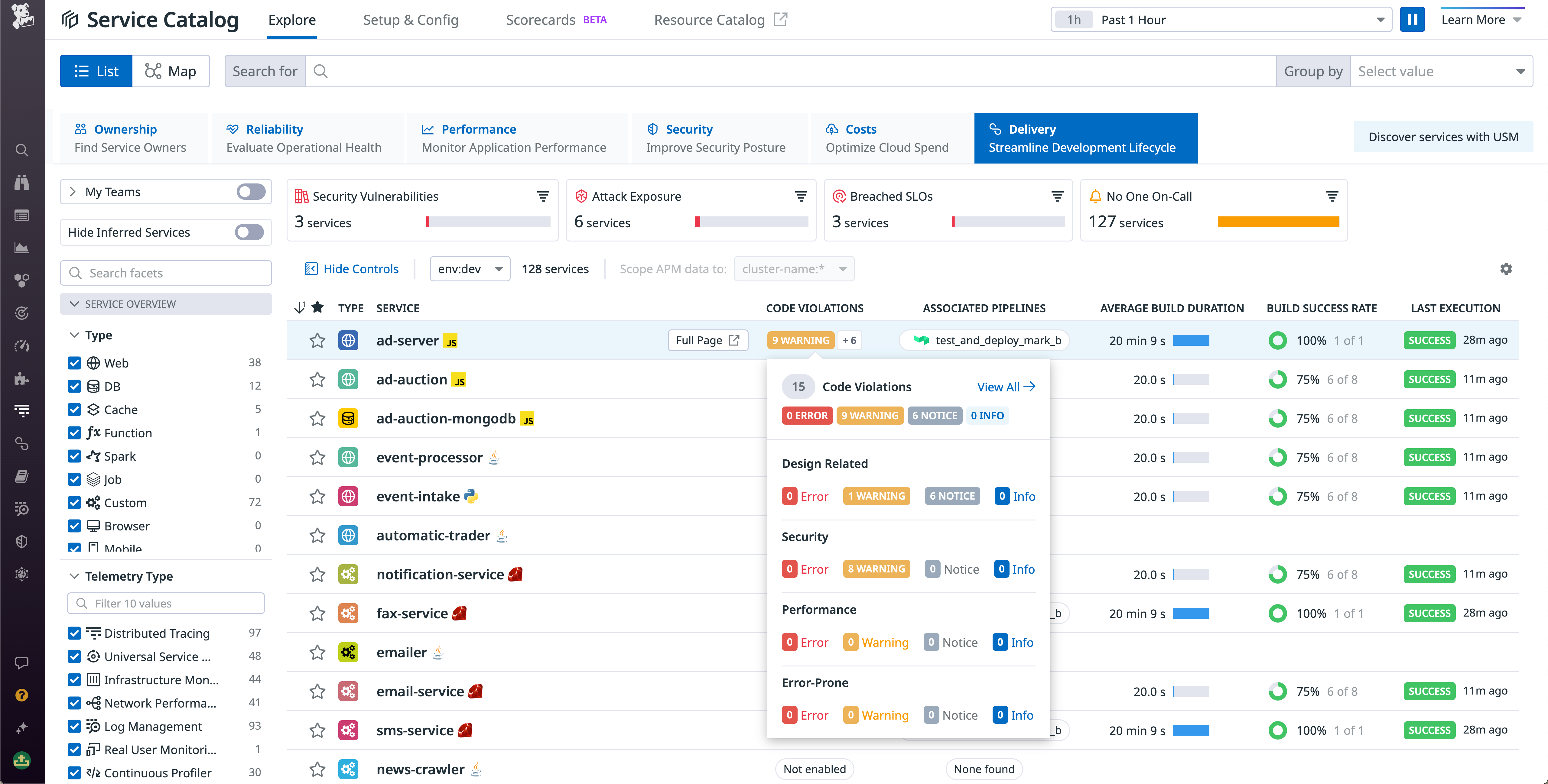 Use the Delivery tab to quickly view code violations detected by Datadog Static Analysis.