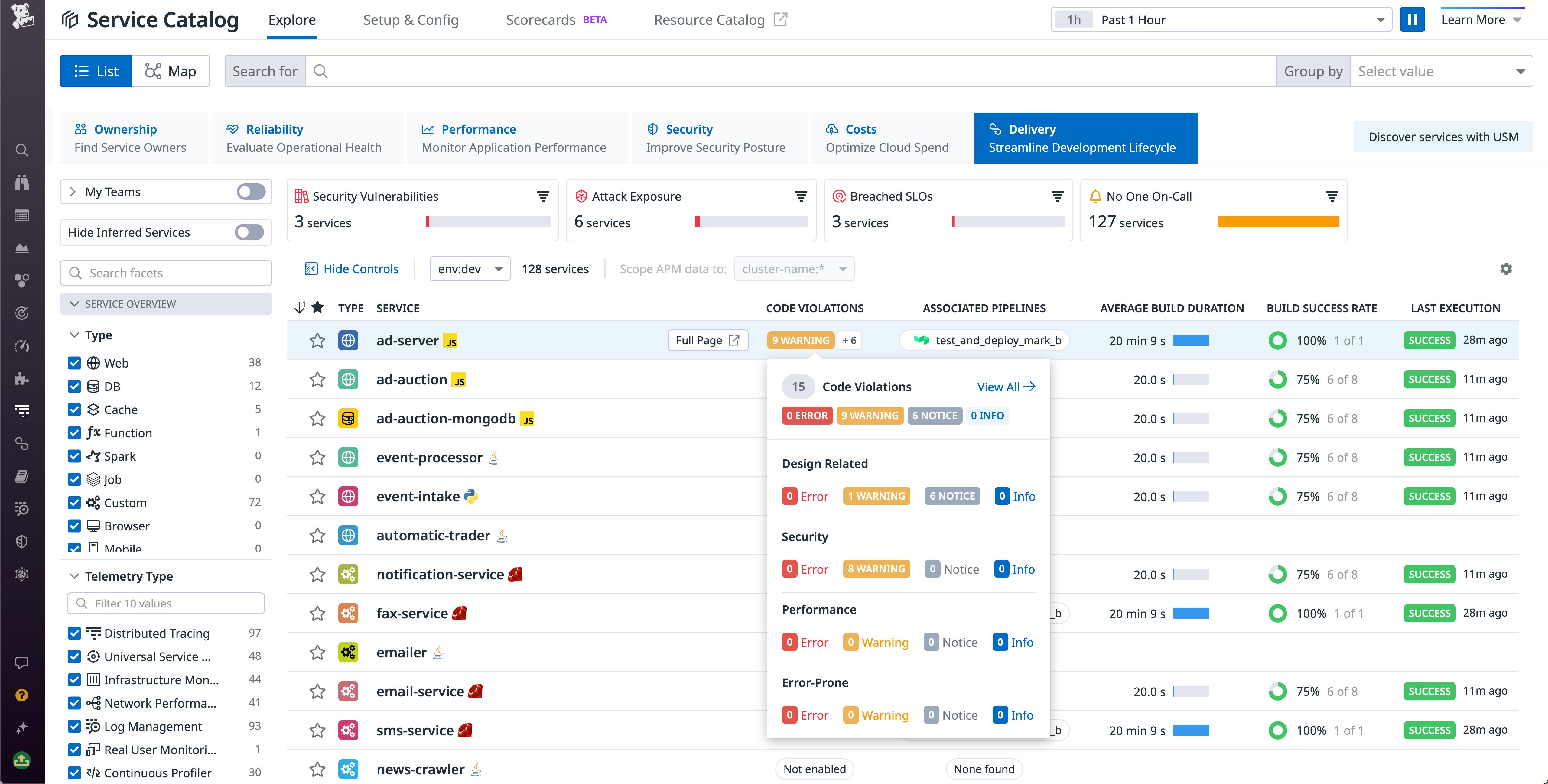 Use the Delivery tab to quickly view code violations detected by Datadog Static Analysis. Use the Delivery tab to quickly view code violations detected by Datadog Static Analysis.