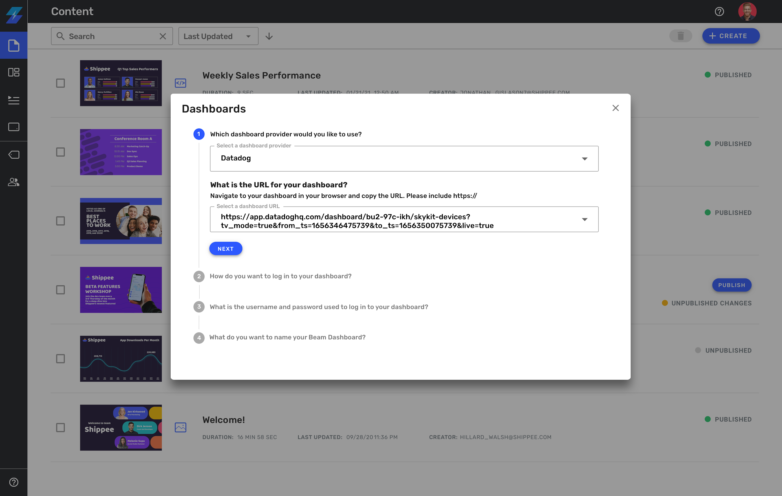 Connect Datadog dashboards to Skykit Beam to share them to any display.