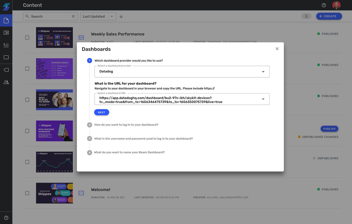 Connect Datadog dashboards to Skykit Beam to share them to any display. Connect Datadog dashboards to Skykit Beam to share them to any display.