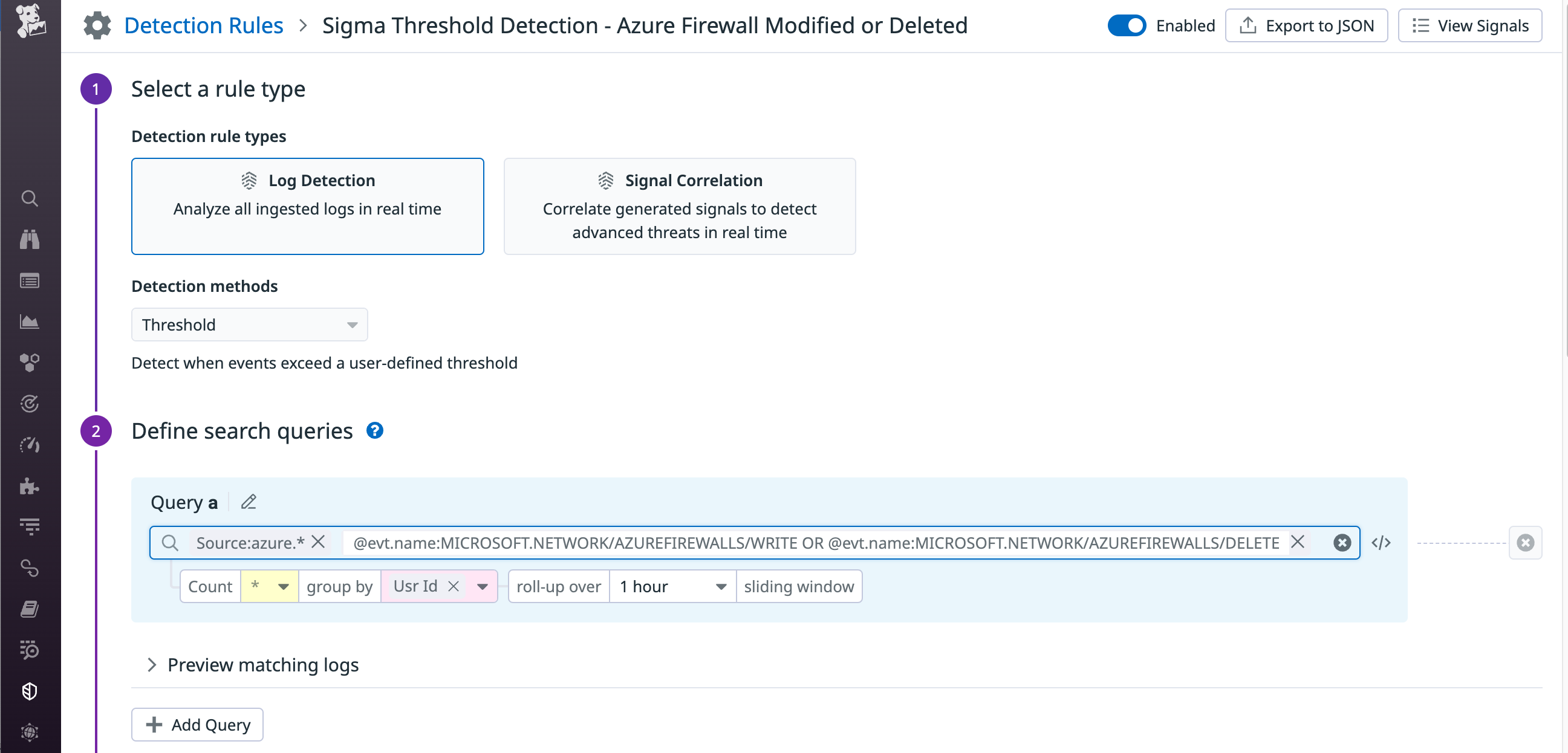 Editing a Sigma detection rule that has been integrated with Datadog Cloud SIEM. This rule detects if an Azure firewall has been modified or deleted.