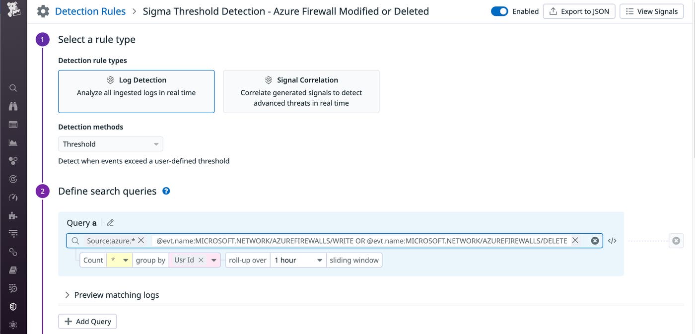 Editing a Sigma detection rule that has been integrated with Datadog Cloud SIEM. This rule detects if an Azure firewall has been modified or deleted. Editing a Sigma detection rule that has been integrated with Datadog Cloud SIEM. This rule detects if an Azure firewall has been modified or deleted.