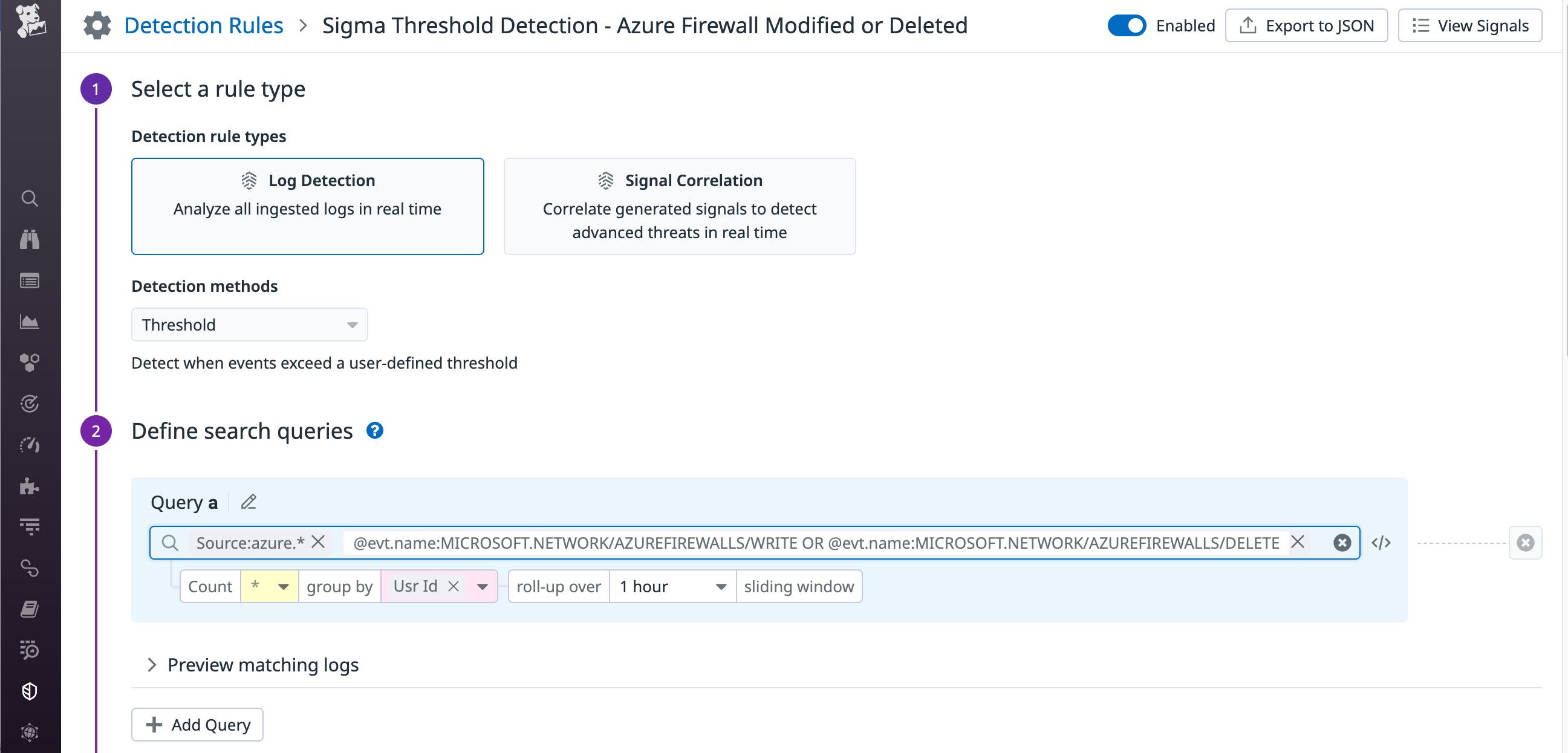 Editing a Sigma detection rule that has been integrated with Datadog Cloud SIEM. This rule detects if an Azure firewall has been modified or deleted. Editing a Sigma detection rule that has been integrated with Datadog Cloud SIEM. This rule detects if an Azure firewall has been modified or deleted.