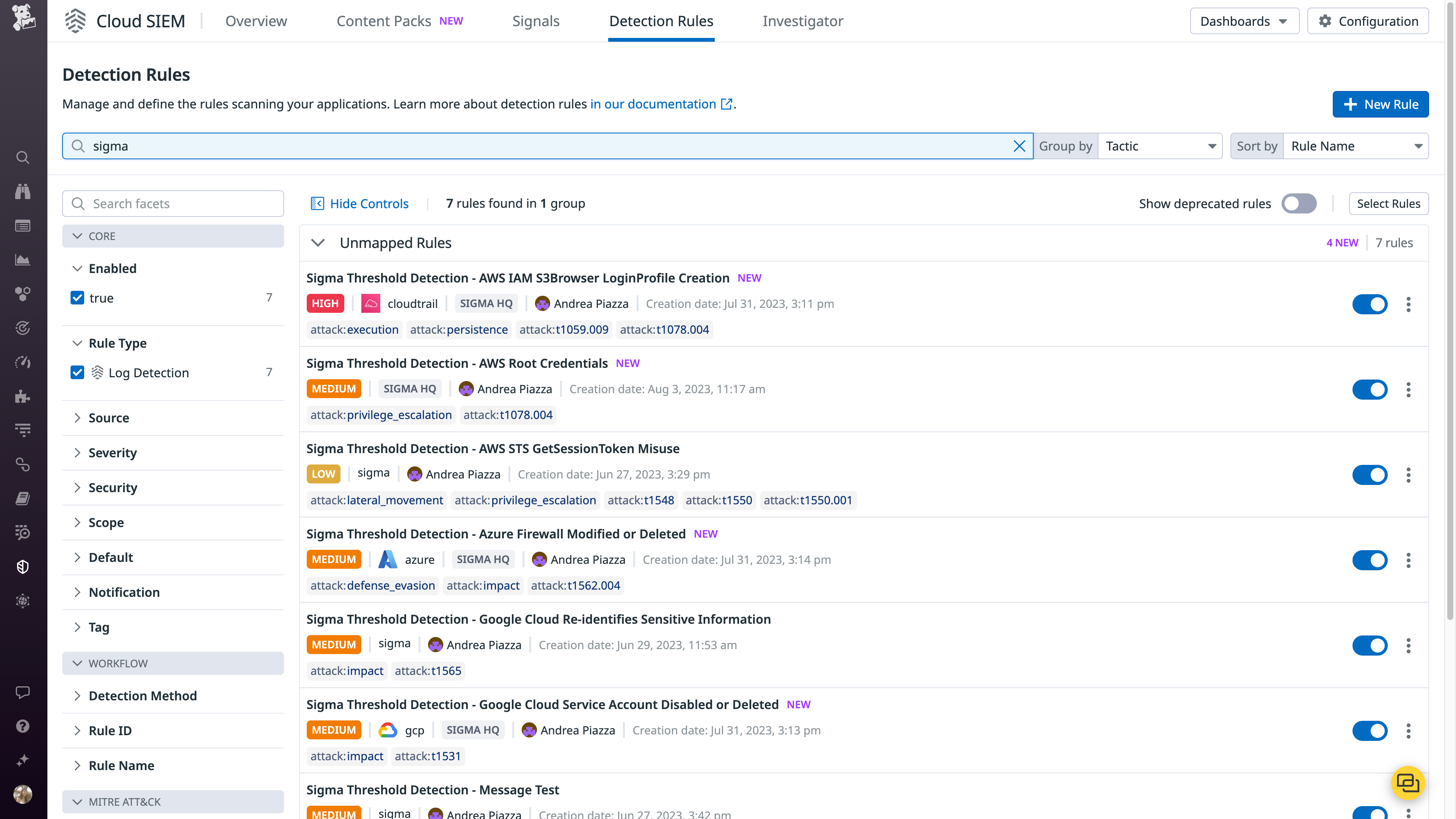 Sending Sigma detection rules to Datadog Cloud SIEM allows your security teams to quickly and easily detect threats in your environment.
