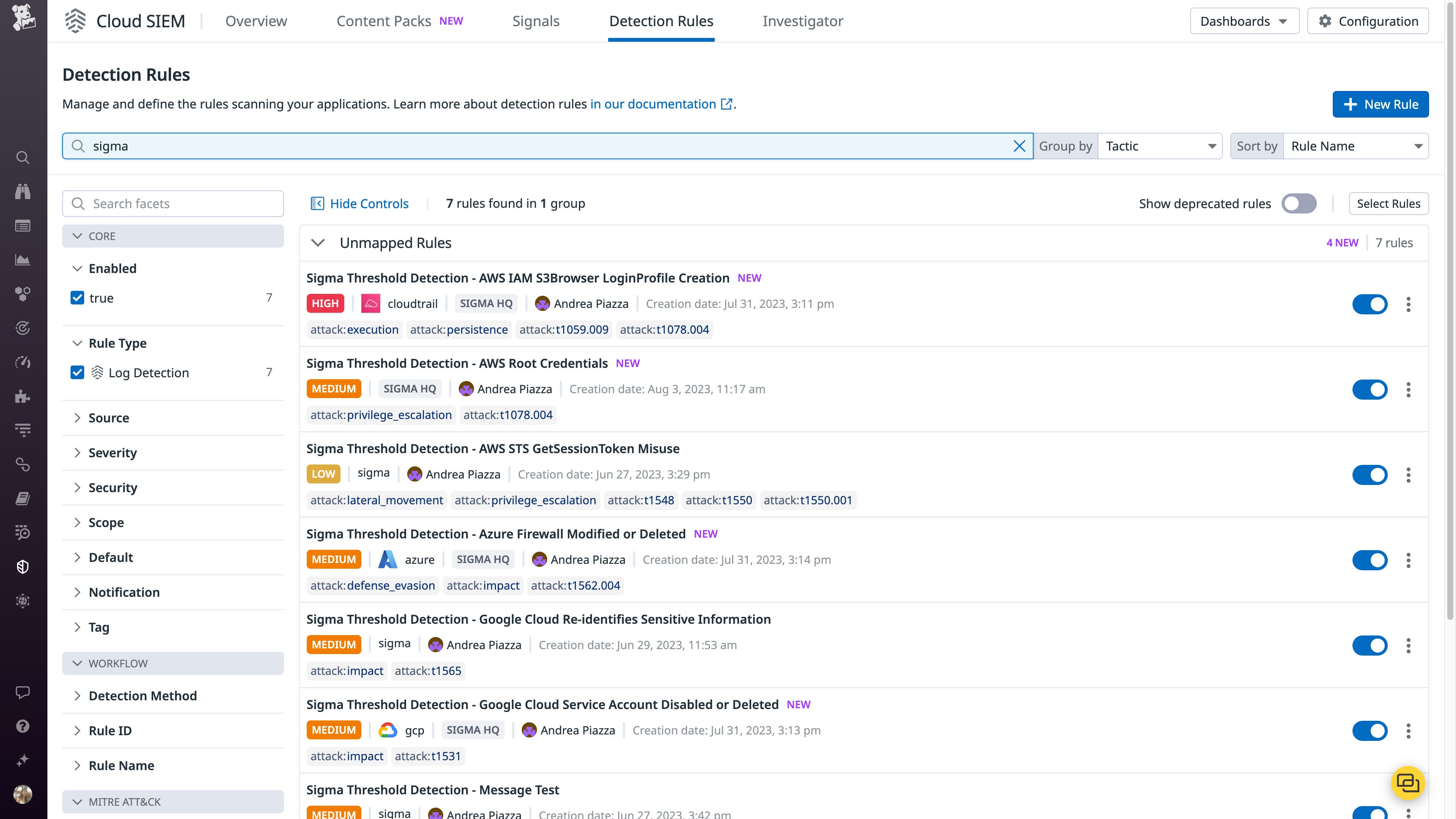 Sending Sigma detection rules to Datadog Cloud SIEM allows your security teams to quickly and easily detect threats in your environment. Sending Sigma detection rules to Datadog Cloud SIEM allows your security teams to quickly and easily detect threats in your environment.