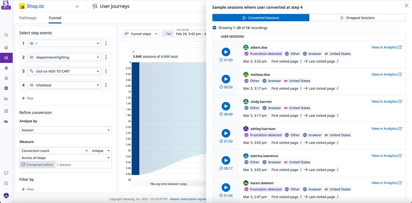 An list of sessions for a step in a funnel, with frustration signals indicated for a few of the sessions. An list of sessions for a step in a funnel, with frustration signals indicated for a few of the sessions.