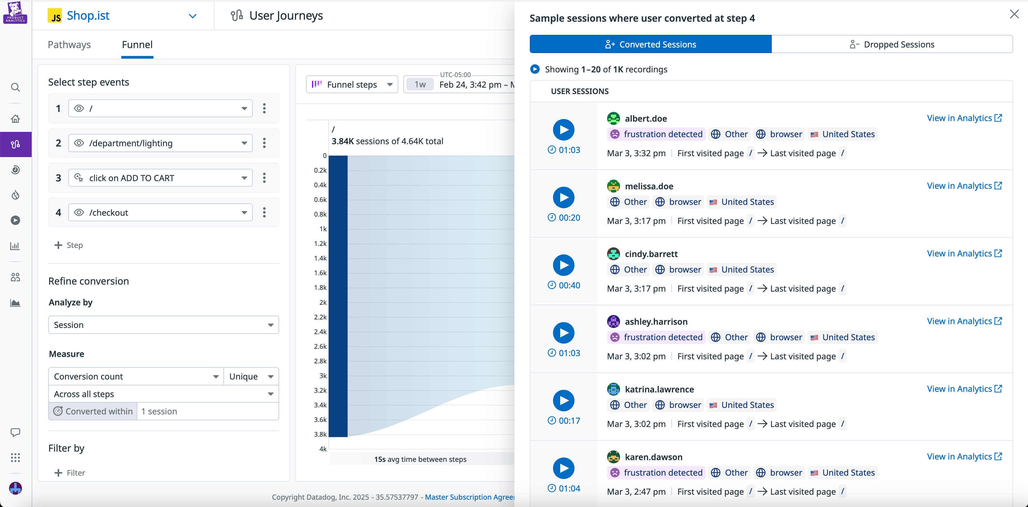 An list of sessions for a step in a funnel, with frustration signals indicated for a few of the sessions. An list of sessions for a step in a funnel, with frustration signals indicated for a few of the sessions.