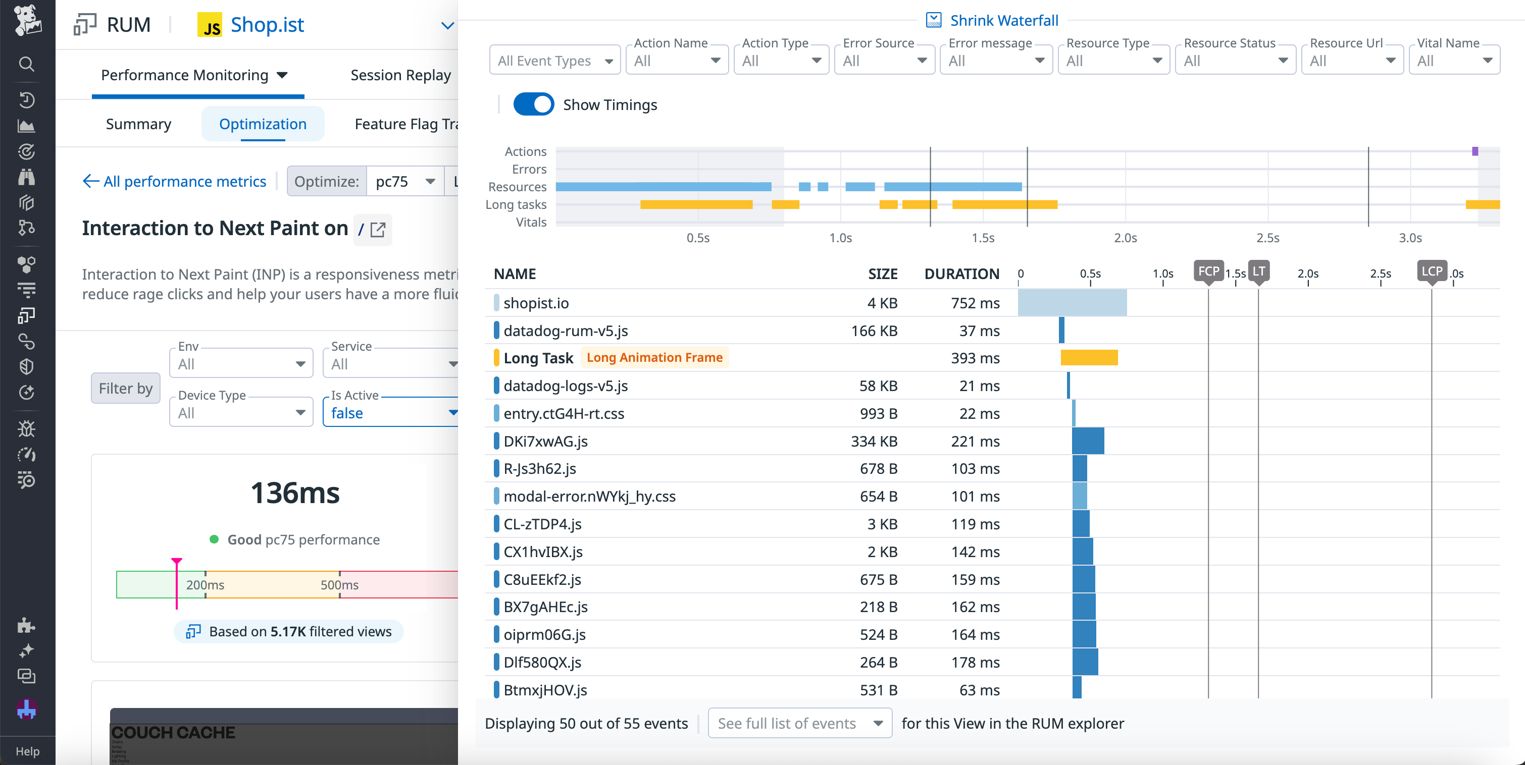A performance waterfall within the INP optimziation page for a view, with LoAF data included.