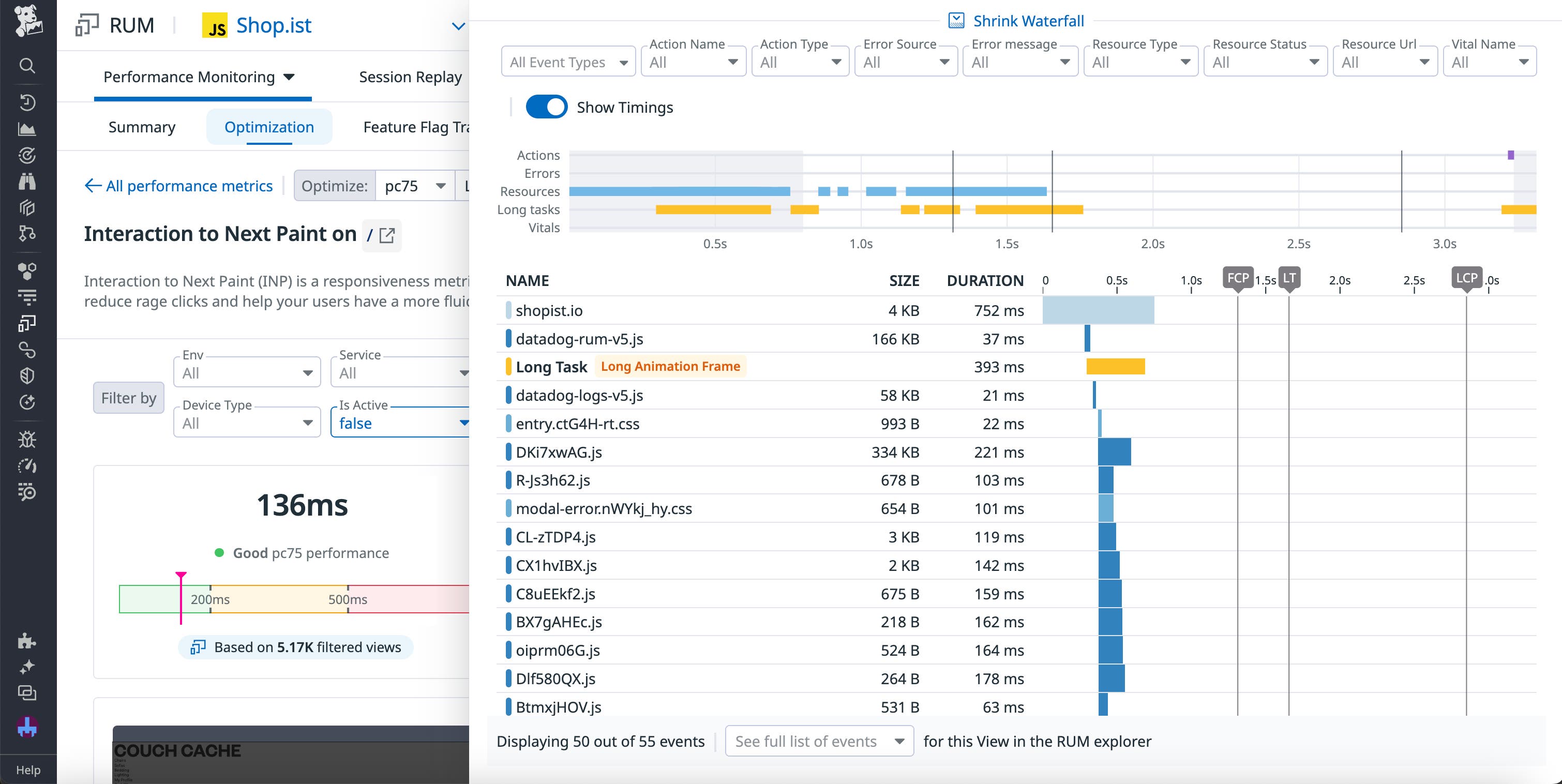 A performance waterfall within the INP optimziation page for a view, with LoAF data included. A performance waterfall within the INP optimziation page for a view, with LoAF data included.