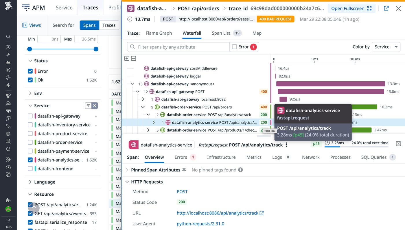 Datadog APM trace view that shows a distributed trace that includes spans from `datafish-analytics-service` before an instrumentation rule is applied. Datadog APM trace view that shows a distributed trace that includes spans from `datafish-analytics-service` before an instrumentation rule is applied.
