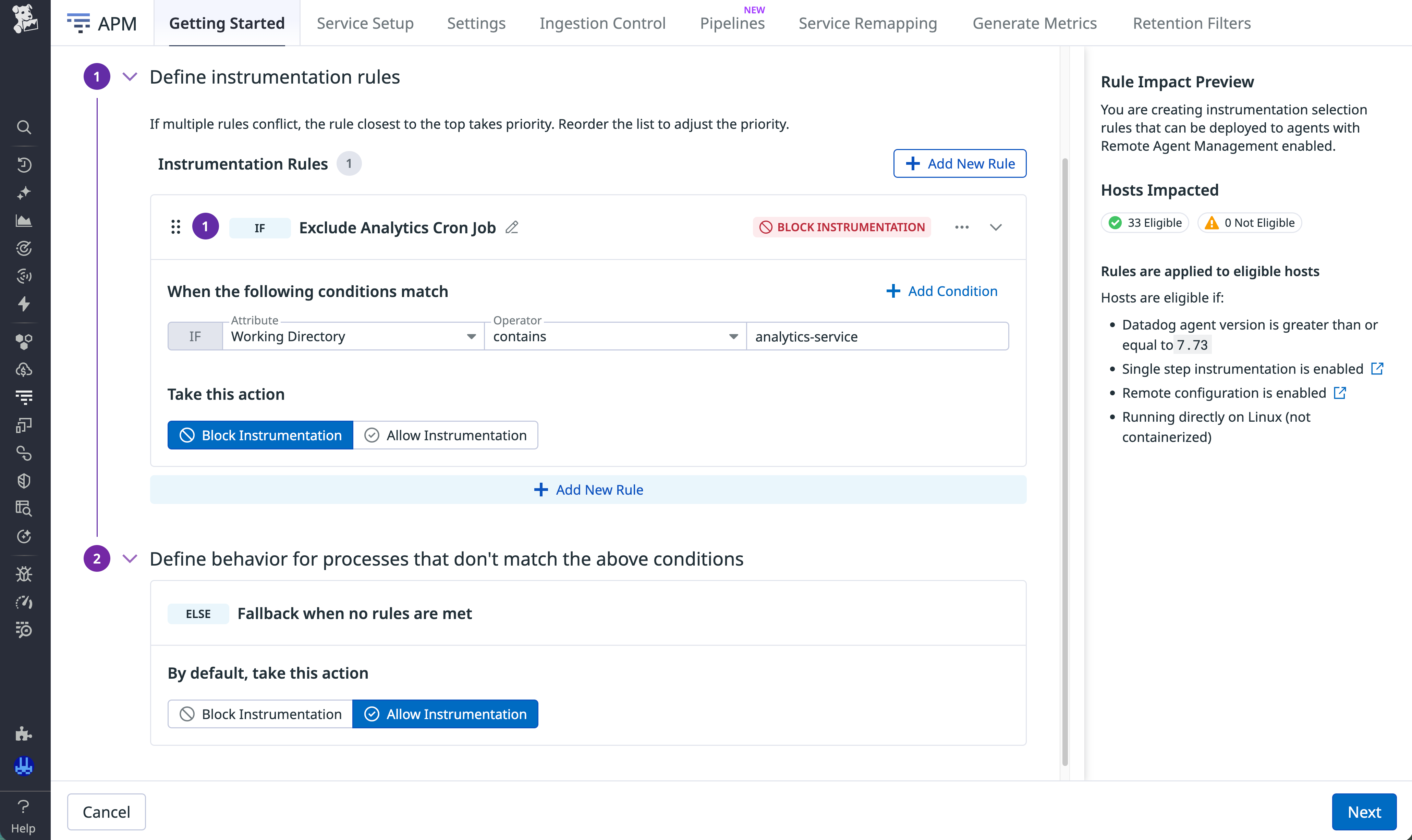 Rule configuration screen that shows how to define instrumentation rules by using the Working Directory process attribute as a condition.
