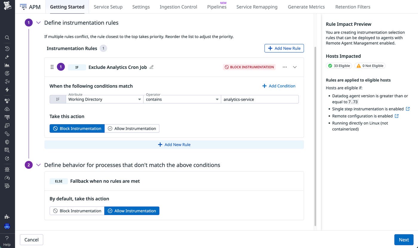 Rule configuration screen that shows how to define instrumentation rules by using the Working Directory process attribute as a condition. Rule configuration screen that shows how to define instrumentation rules by using the Working Directory process attribute as a condition.