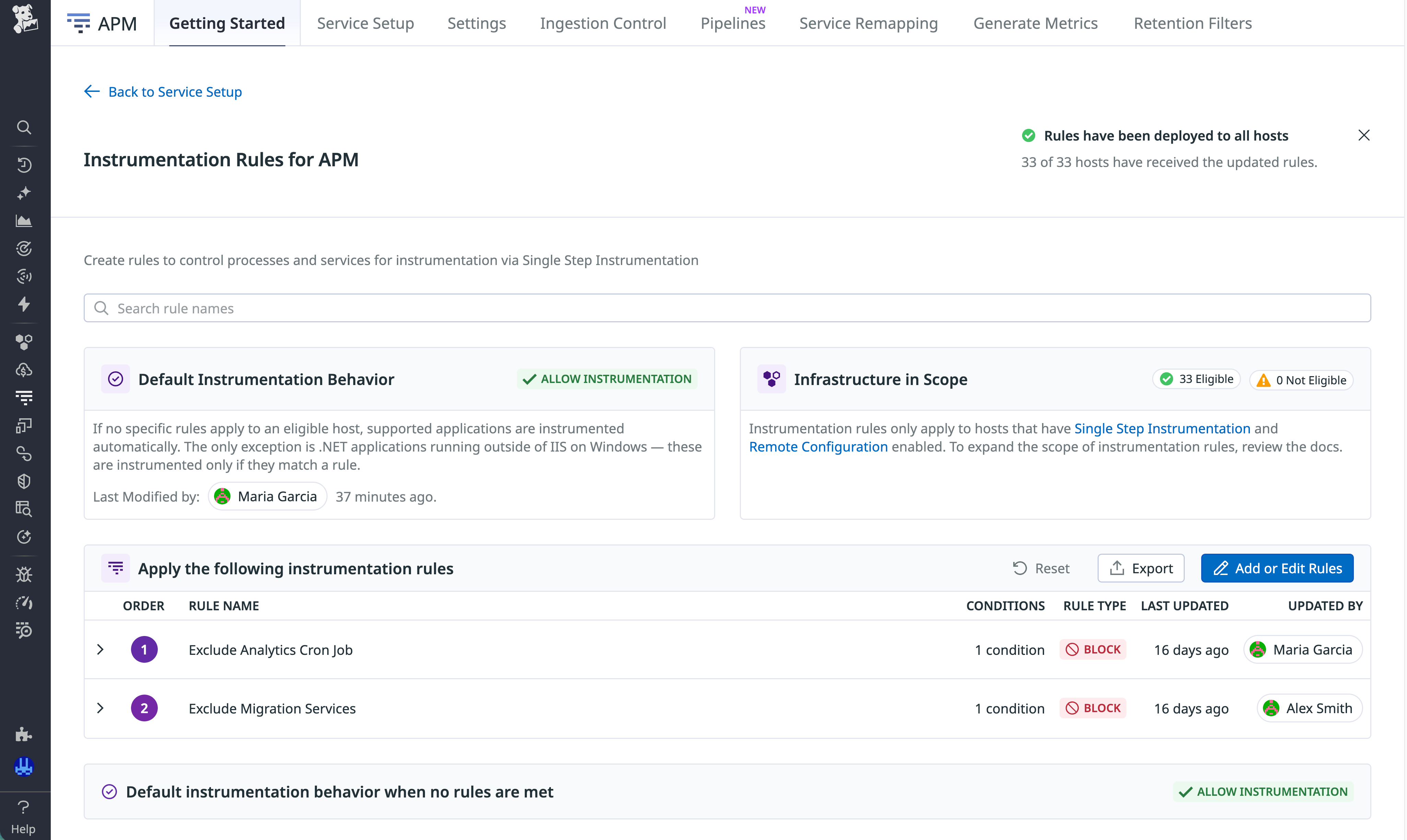 The Datadog APM instrumentation rules page, which lists default instrumentation behavior, in-scope infrastructure, and specific rules.