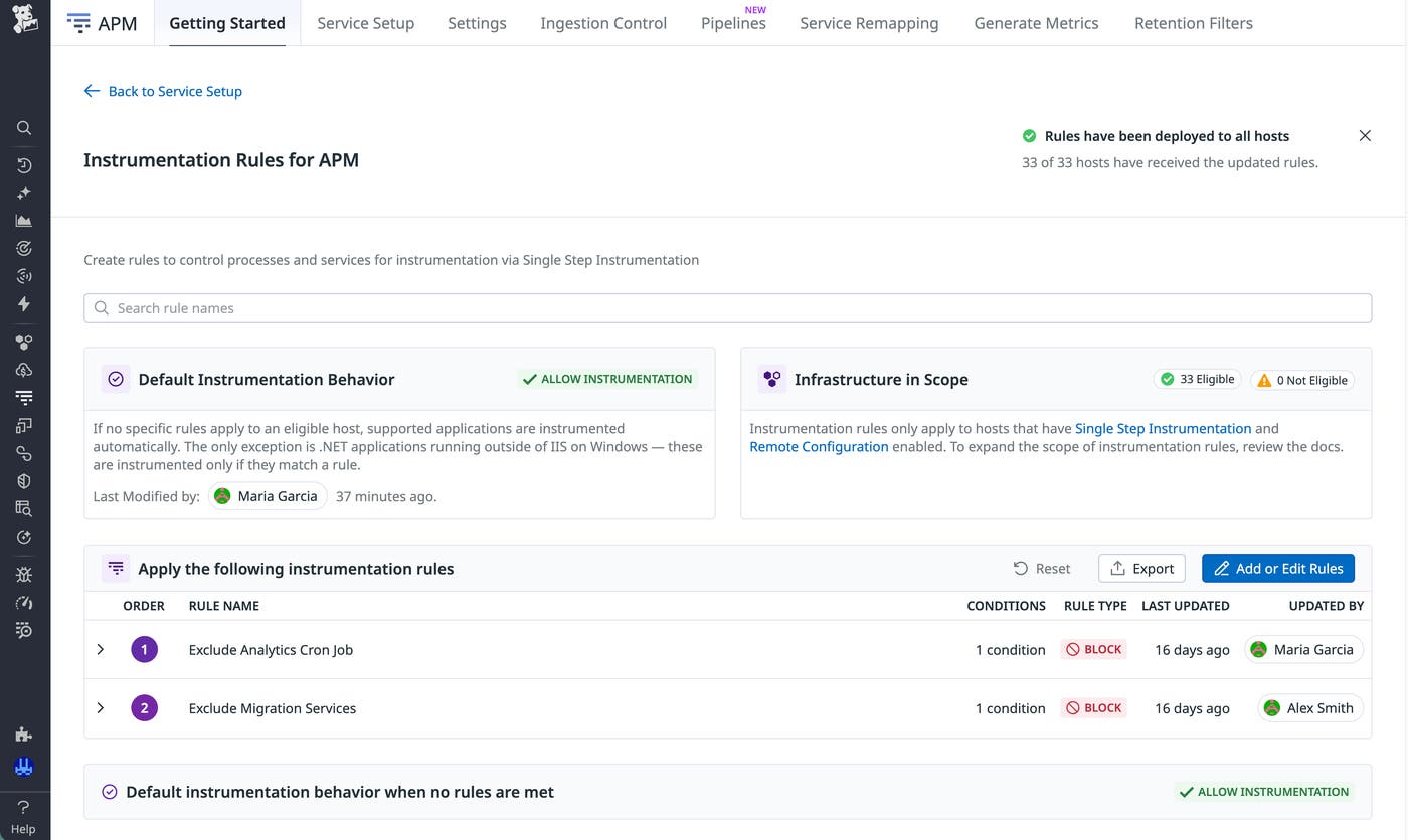 The Datadog APM instrumentation rules page, which lists default instrumentation behavior, in-scope infrastructure, and specific rules. The Datadog APM instrumentation rules page, which lists default instrumentation behavior, in-scope infrastructure, and specific rules.