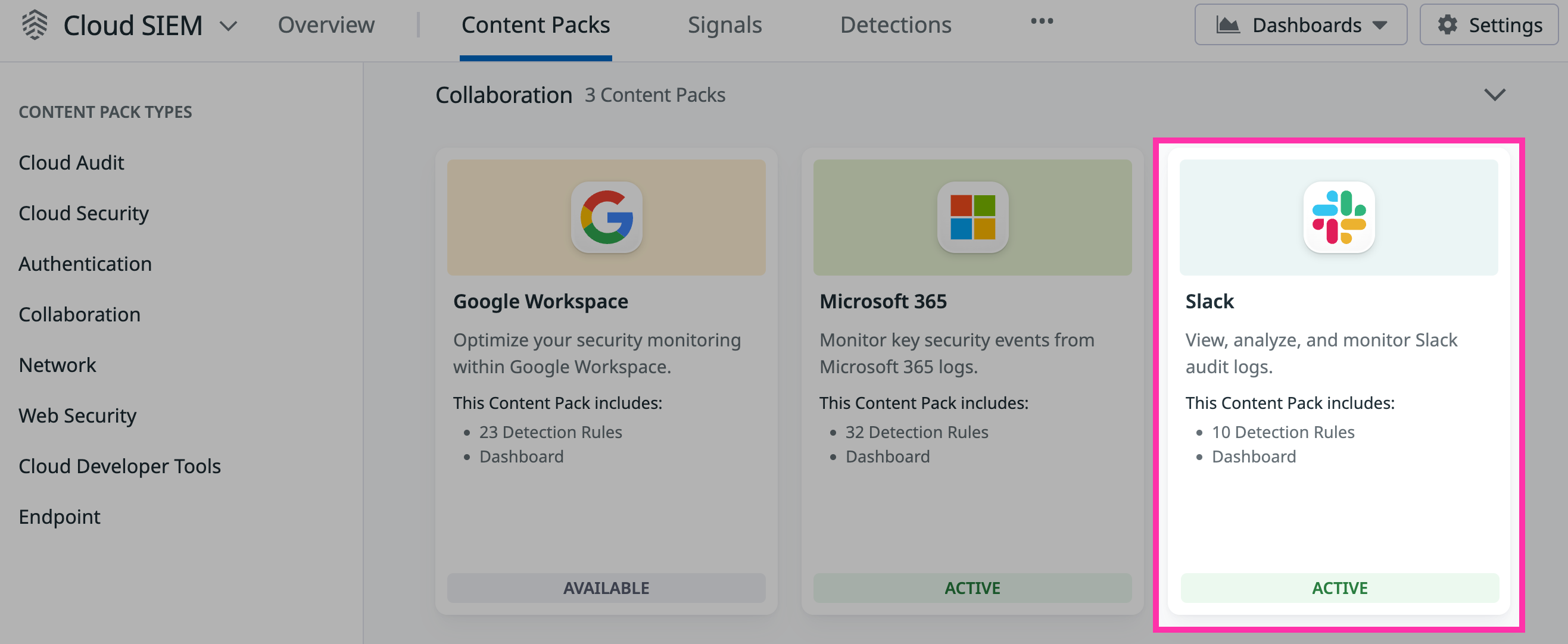 The Slack content pack, shown in the Datadog Cloud SIEM Content Packs Library.