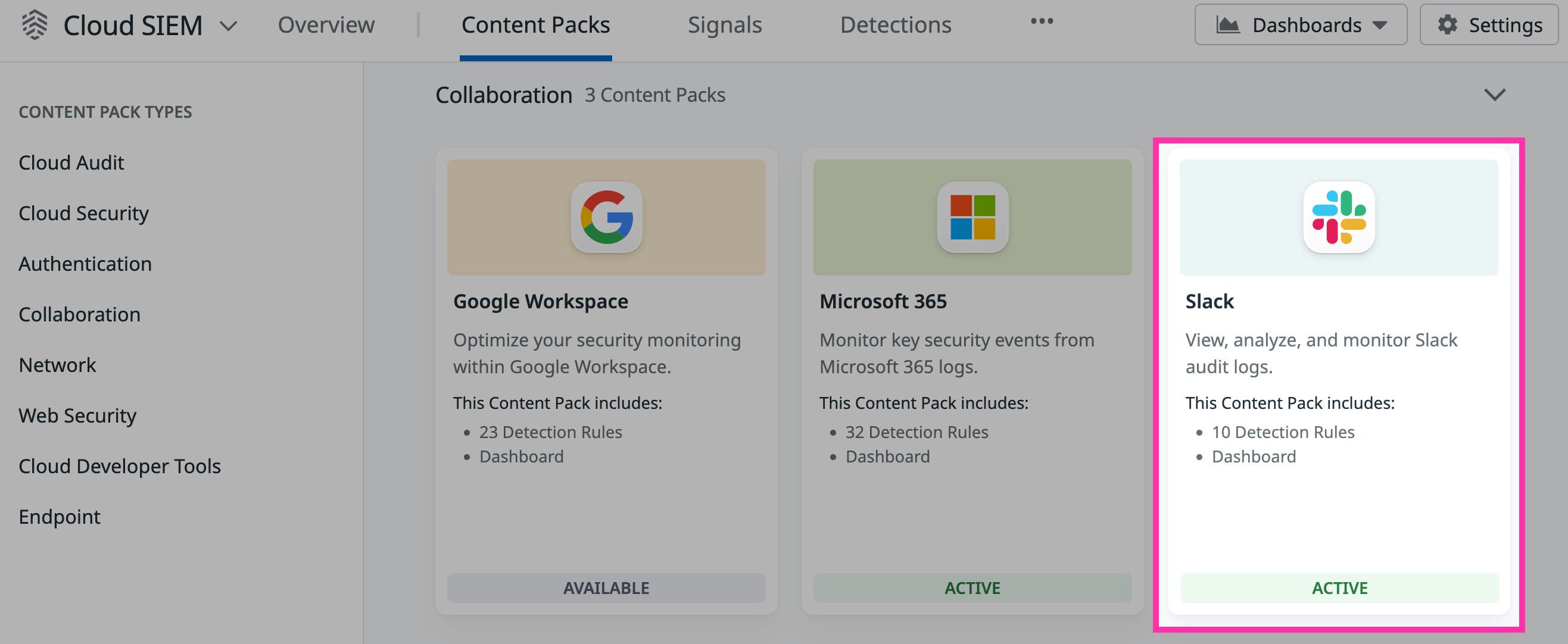 The Slack content pack, shown in the Datadog Cloud SIEM Content Packs Library. The Slack content pack, shown in the Datadog Cloud SIEM Content Packs Library.