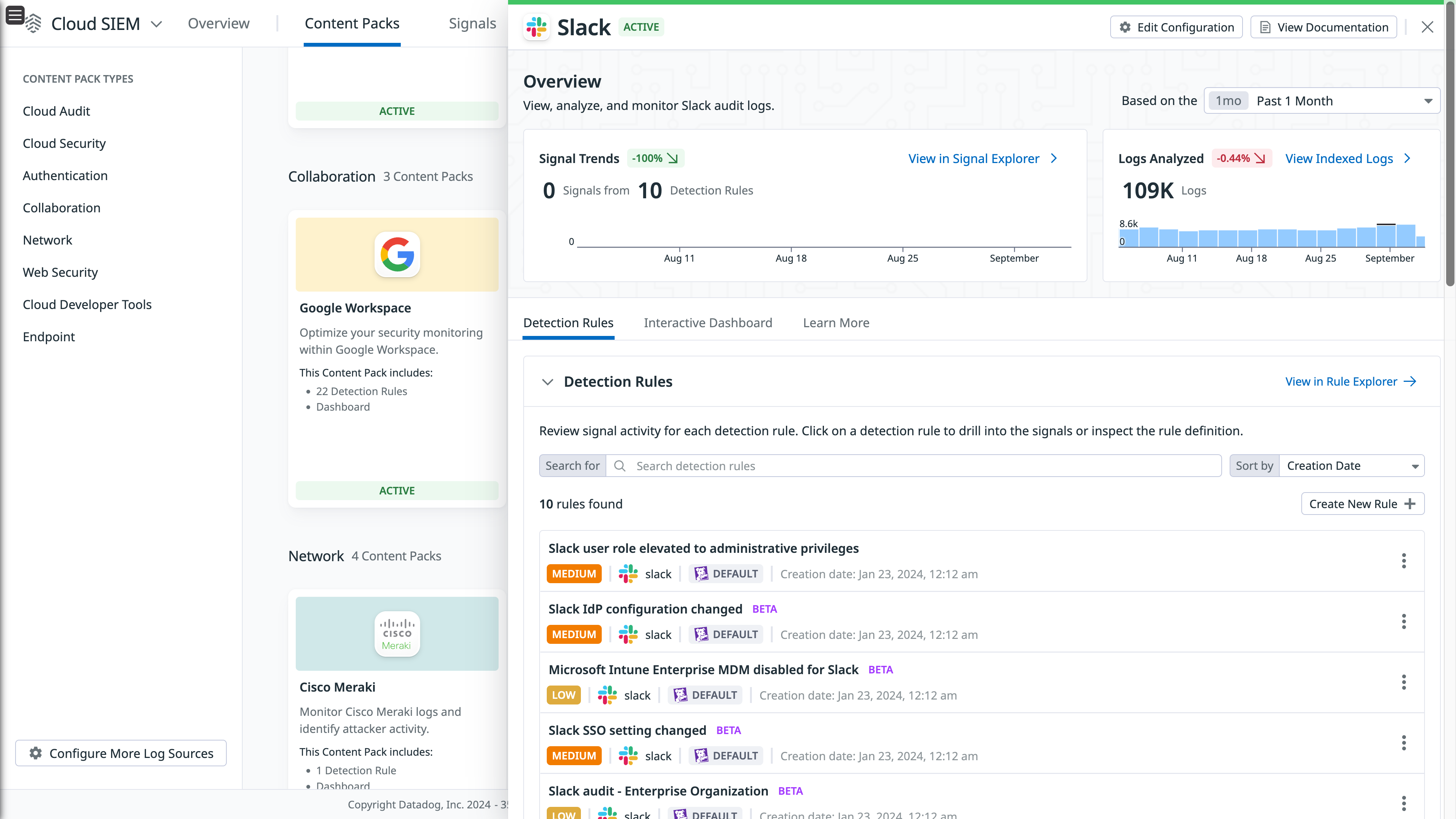 The Cloud SIEM Slack content pack Overview side panel.