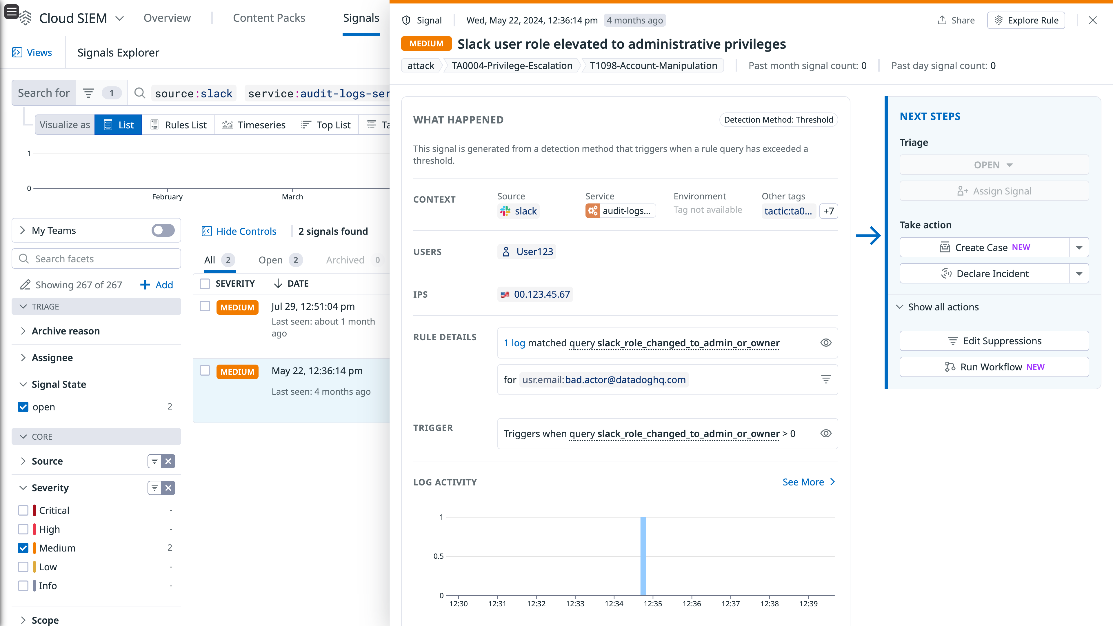 A side panel showing detailed information and next steps related to a security signal.