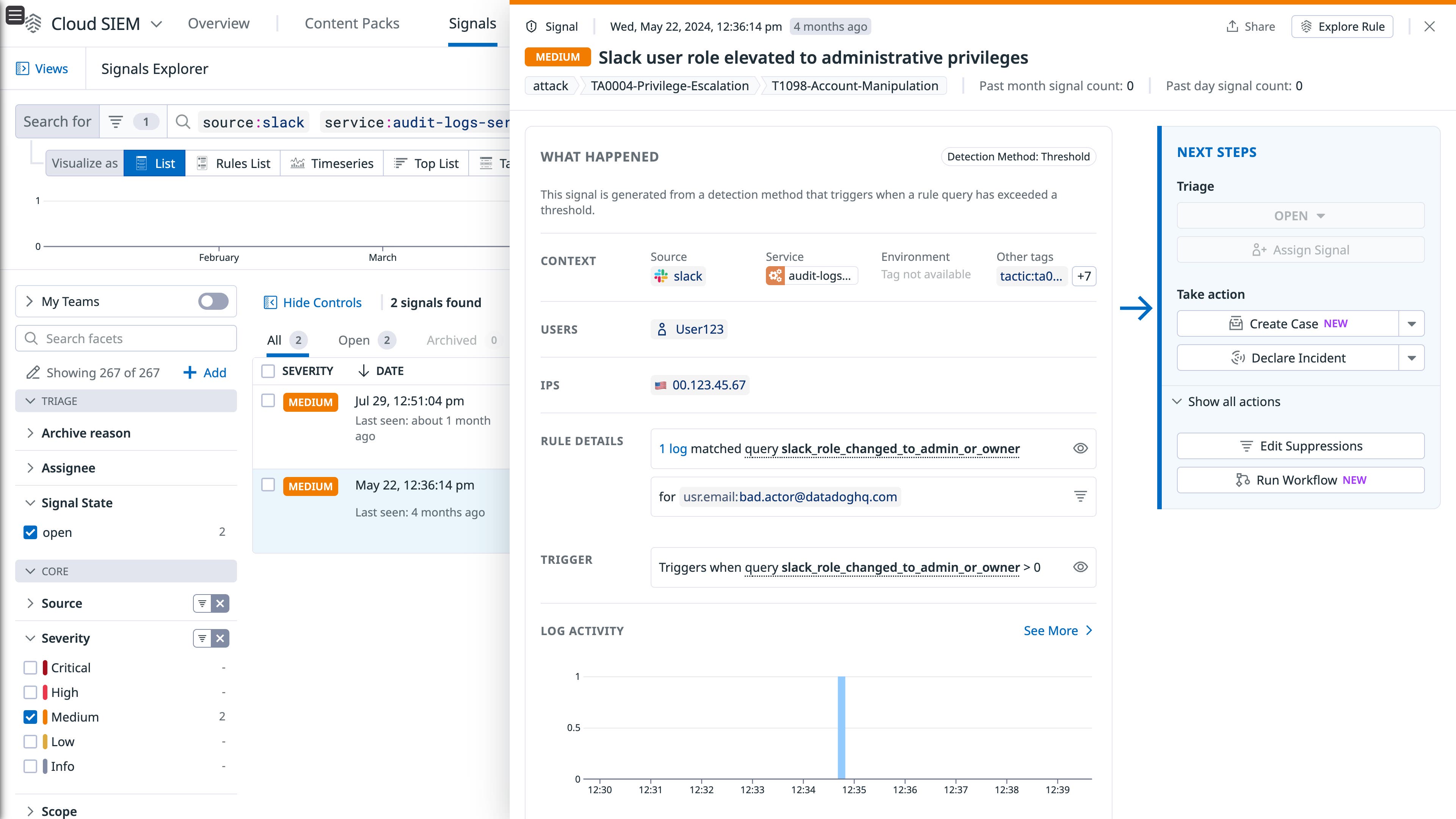 A side panel showing detailed information and next steps related to a security signal. A side panel showing detailed information and next steps related to a security signal.
