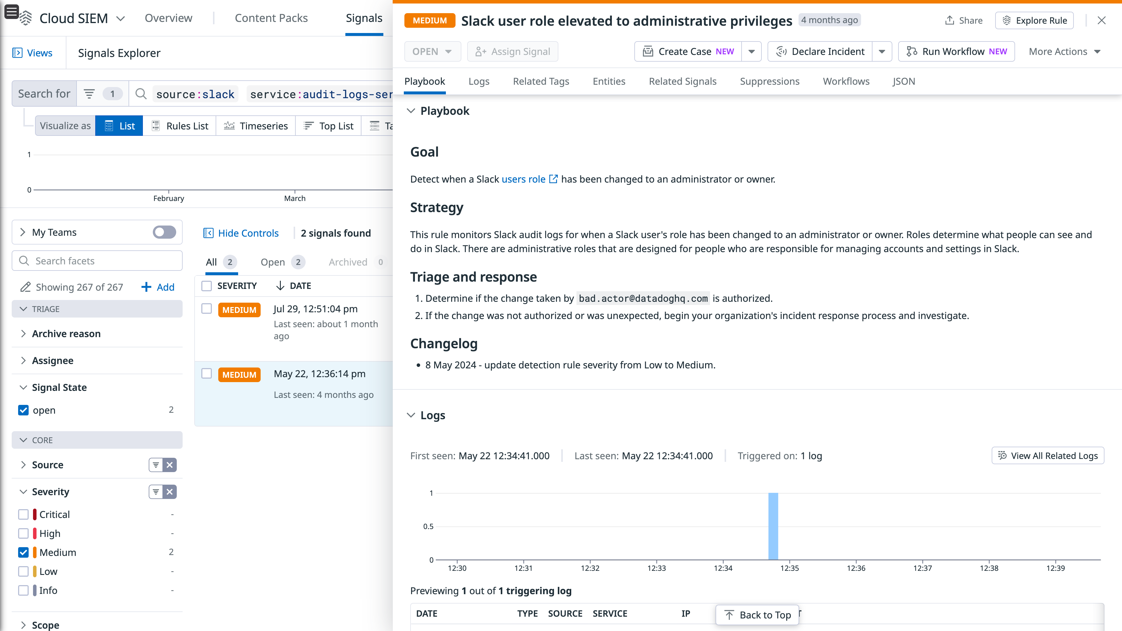 A playbook providing response guidance to a signal related to a Slack user role being been elevated to an administrator