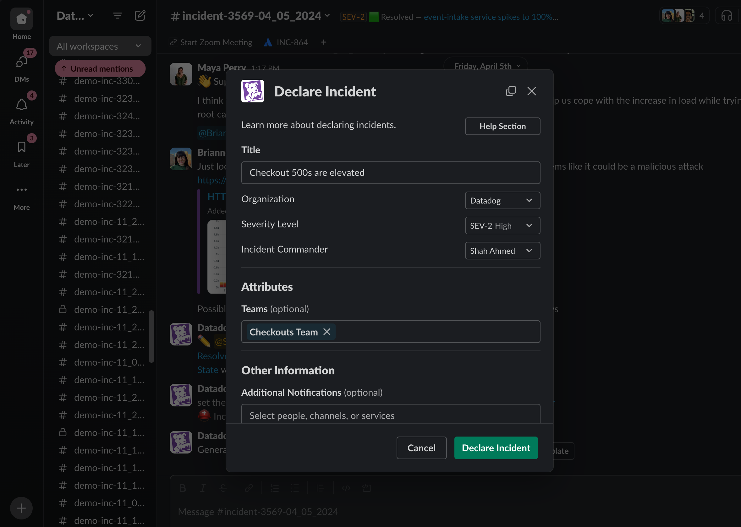 Declaring an incident with a command to the integration