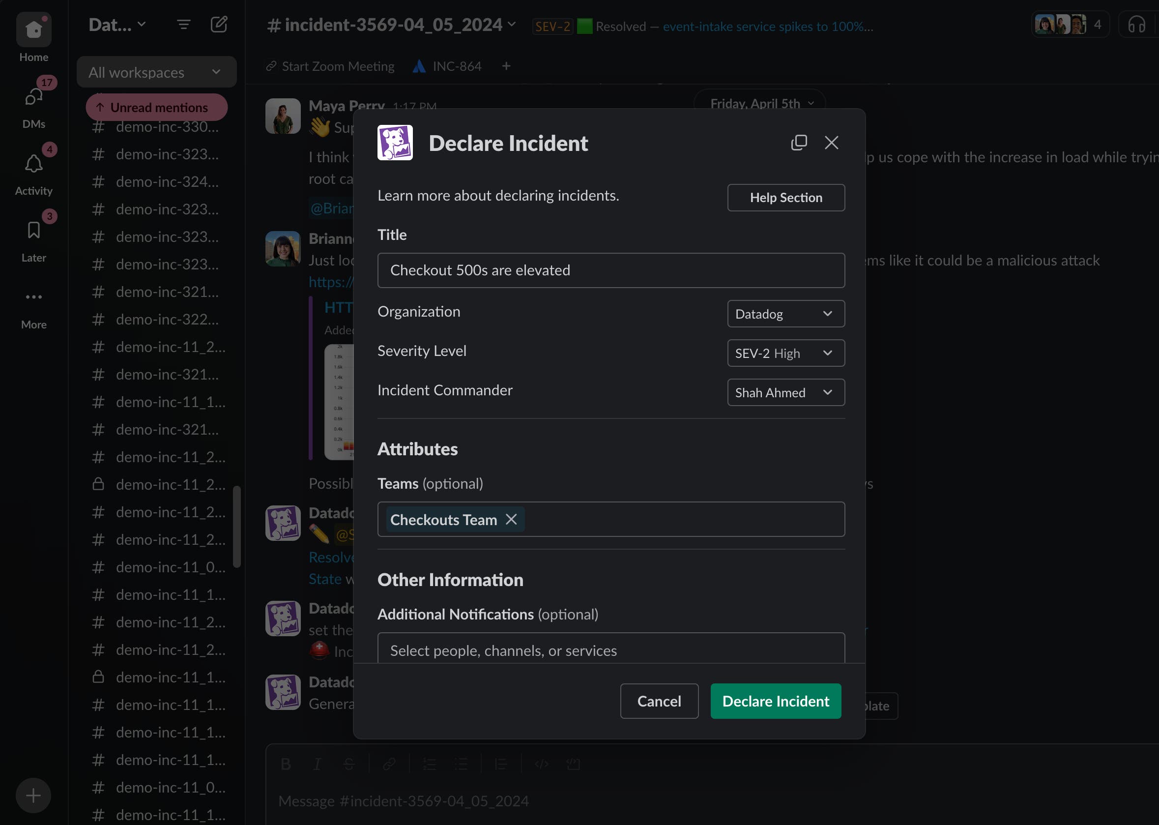 Declaring an incident with a command to the integration Declaring an incident with a command to the integration
